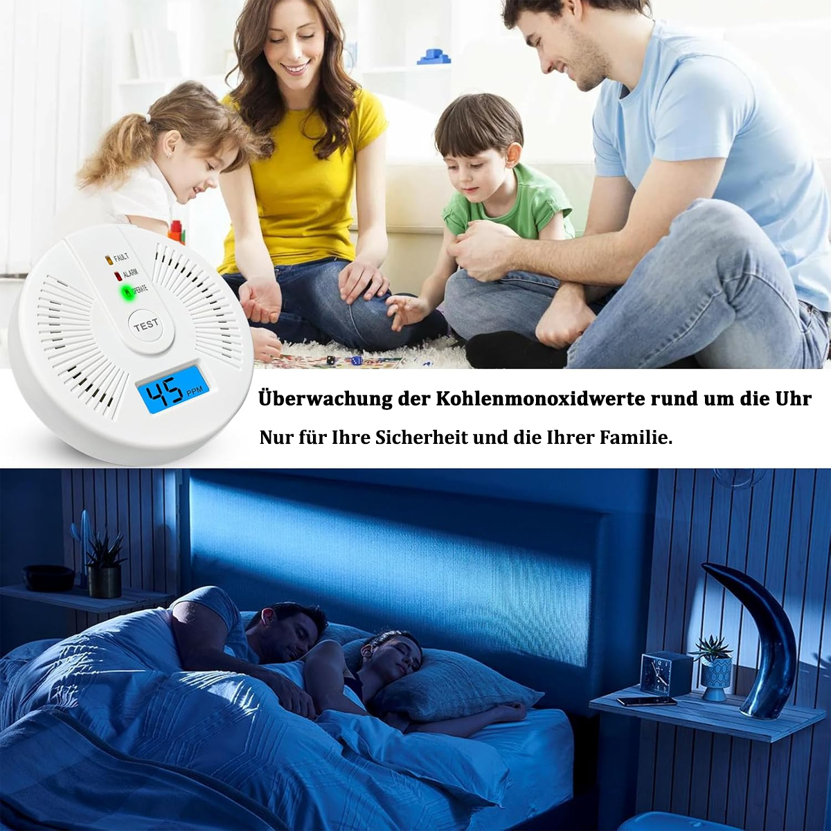 Eine Familie und ein Kohlenmonoxid-Detektor. Der Detektor zeigt 45 ppm an. Das untere Bild zeigt ein schlafendes Paar.