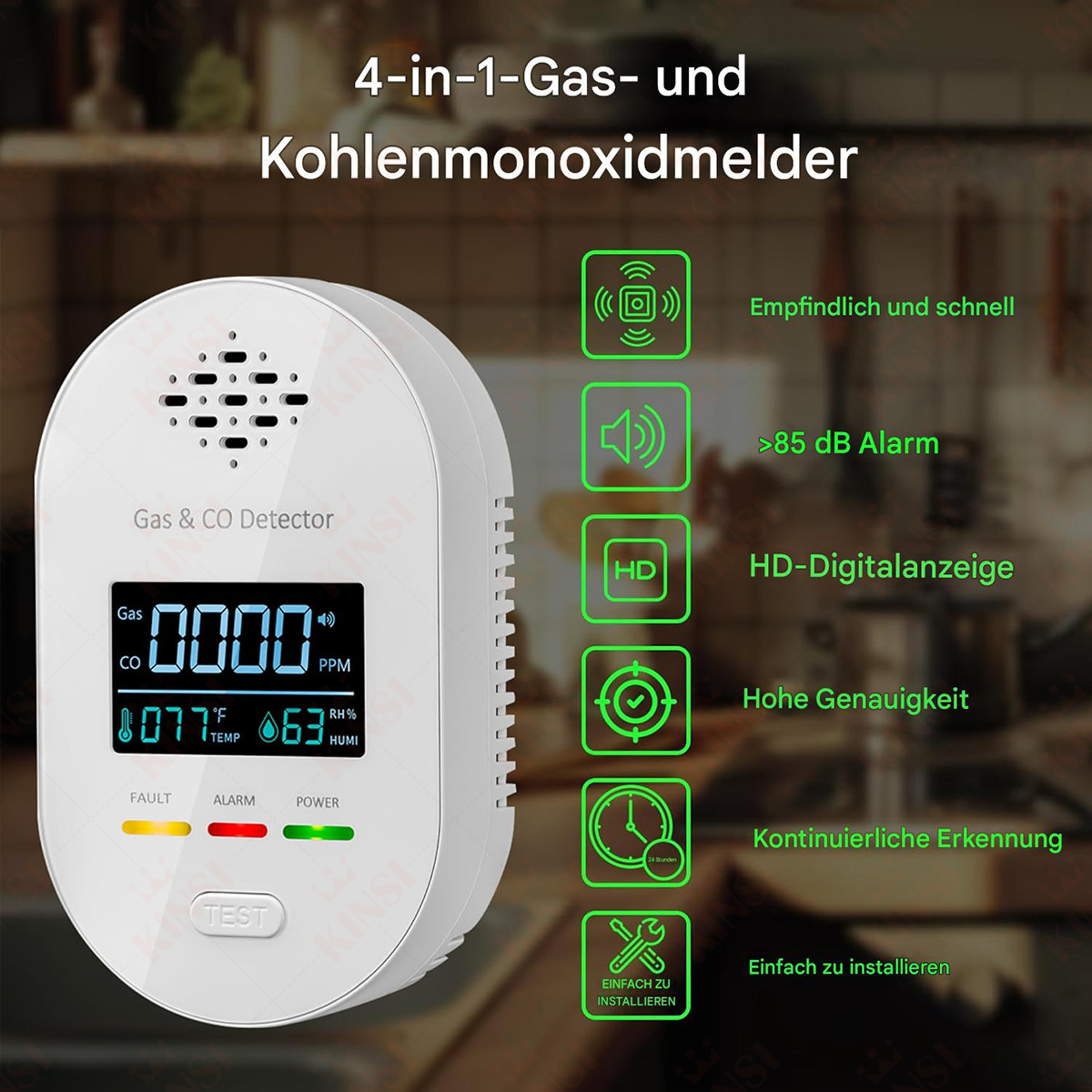 Weißer Gas- und CO-Detektor mit Anzeige, die Messwerte anzeigt. Symbole und Textbeschriftungen sind vorhanden.