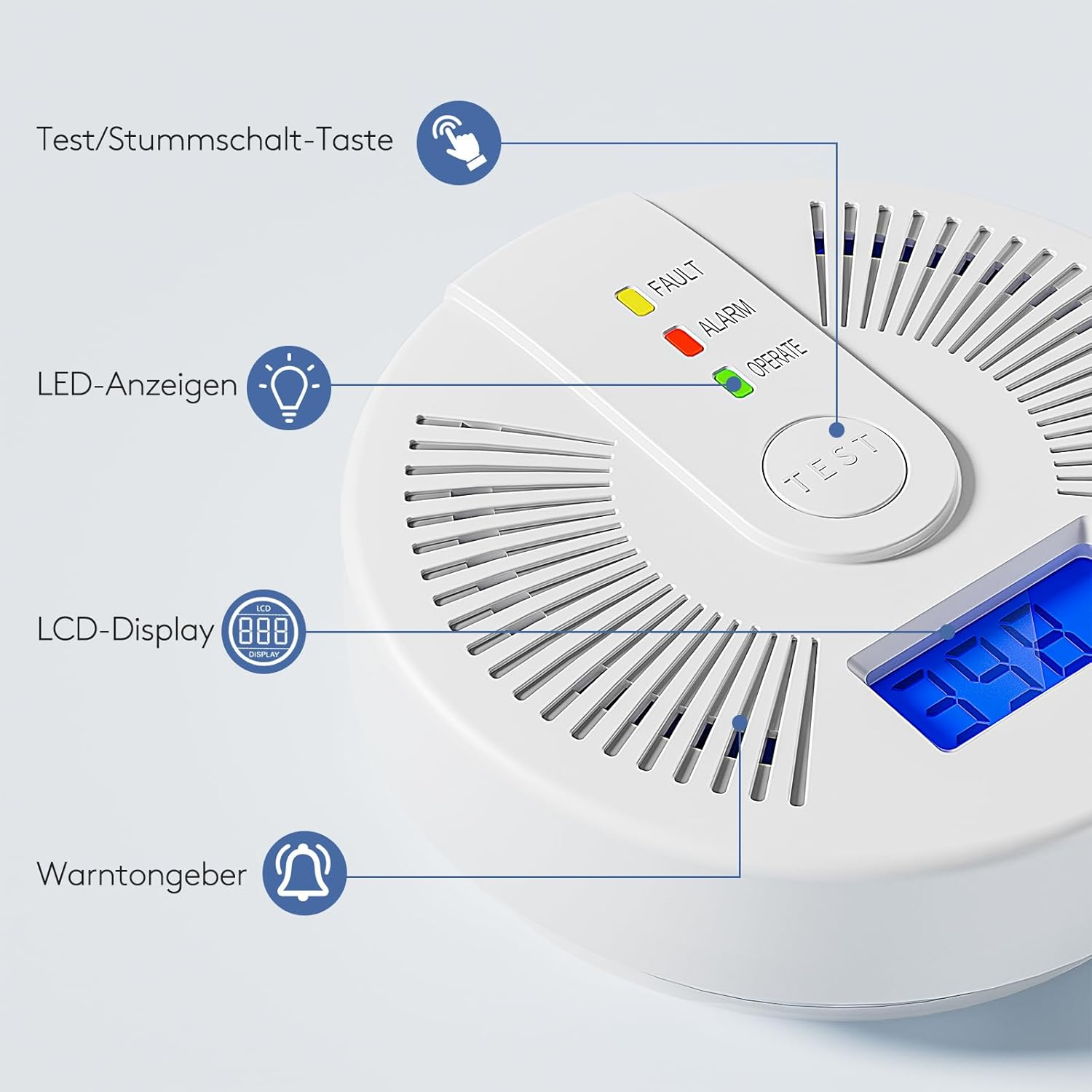 Nahaufnahme eines weißen Kohlenmonoxidmelders, der Display und Tasten zeigt. Er hat ein blaues Display und 3 LED-Leuchten.