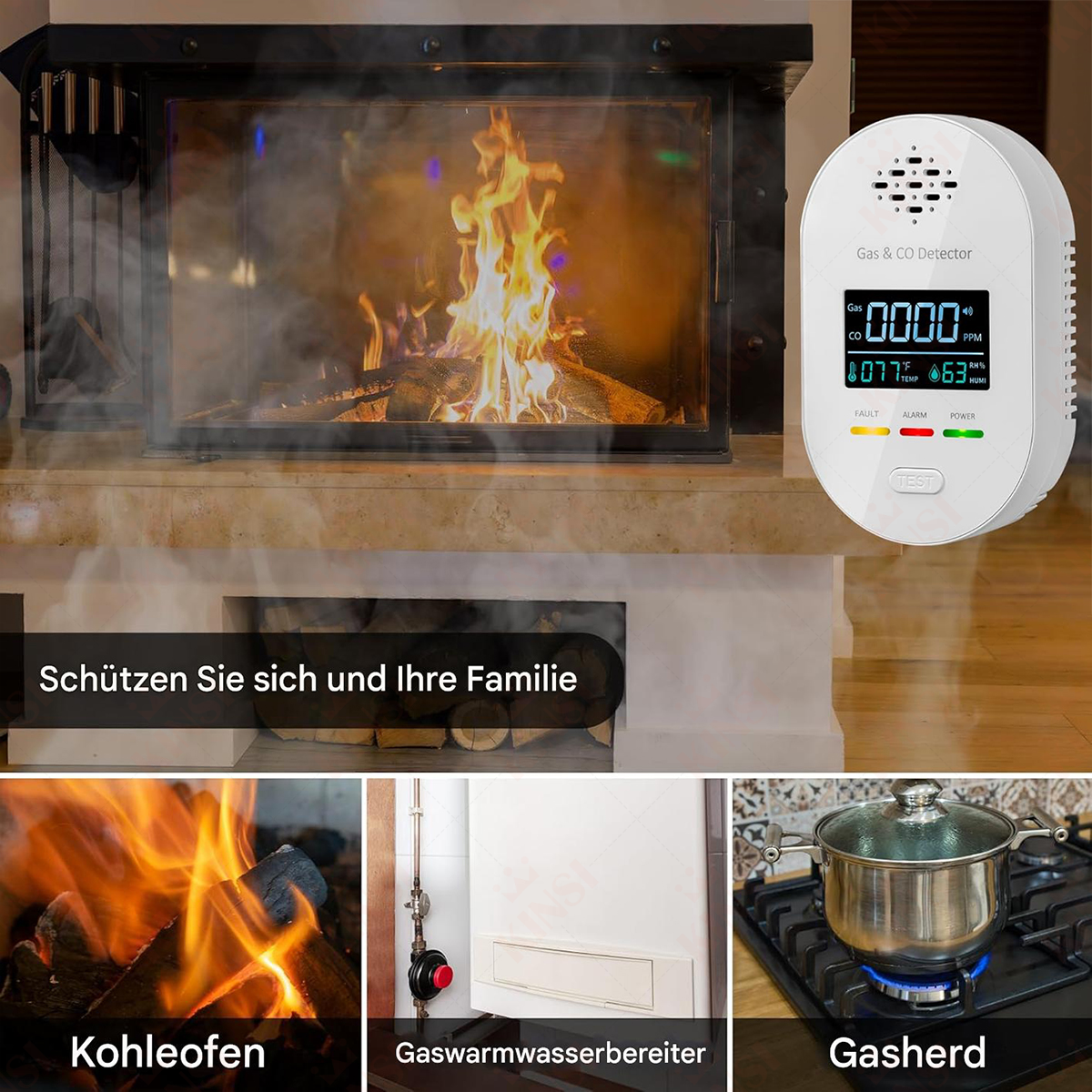 Ein Gas- und CO-Detektor neben einem Kamin, einem Gas-Warmwasserbereiter und einem Herd.