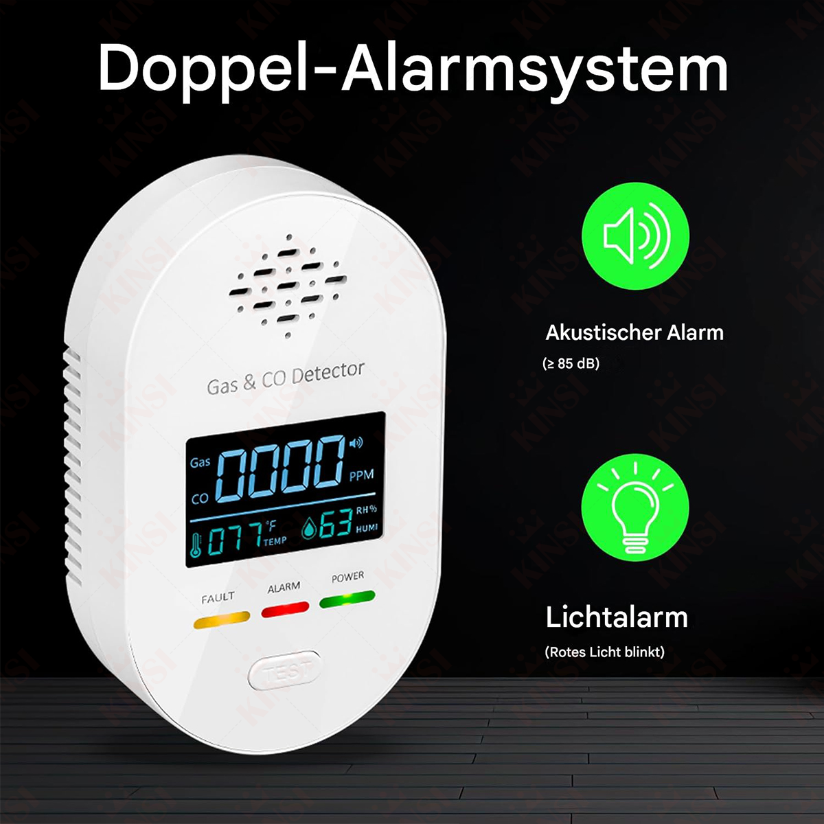 Ein weißer Gas- und CO-Detektor mit Display und zwei Symbolen für akustischen und Lichtalarm auf schwarzem Hintergrund.