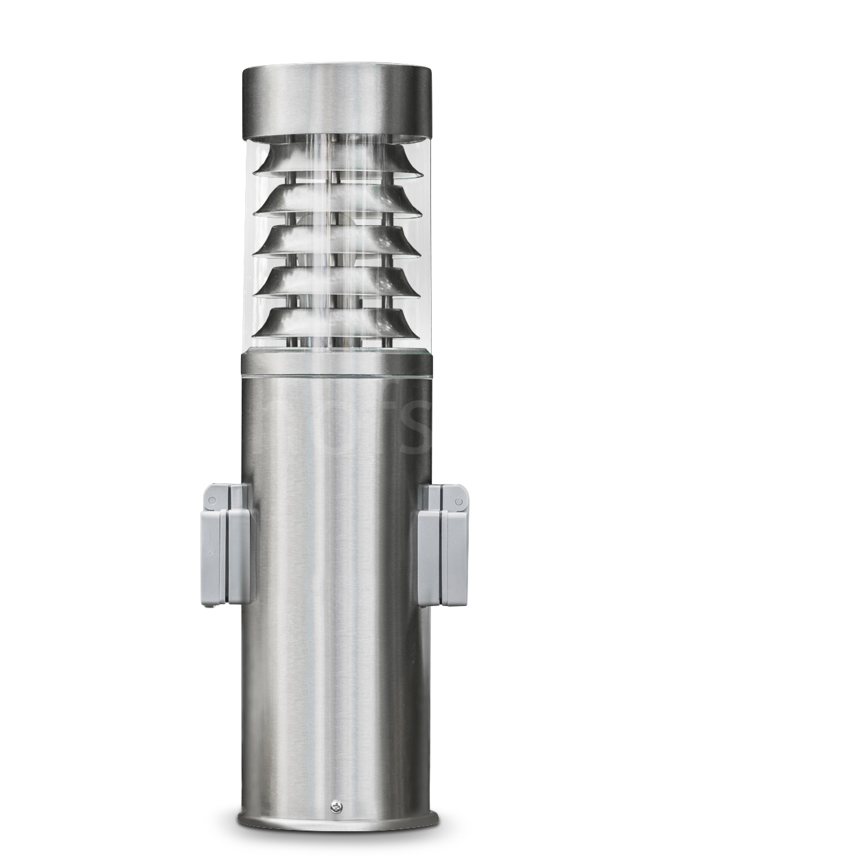 Eine hohe, zylindrische Außenlampe aus Edelstahl mit einem transparenten Glaskopf.