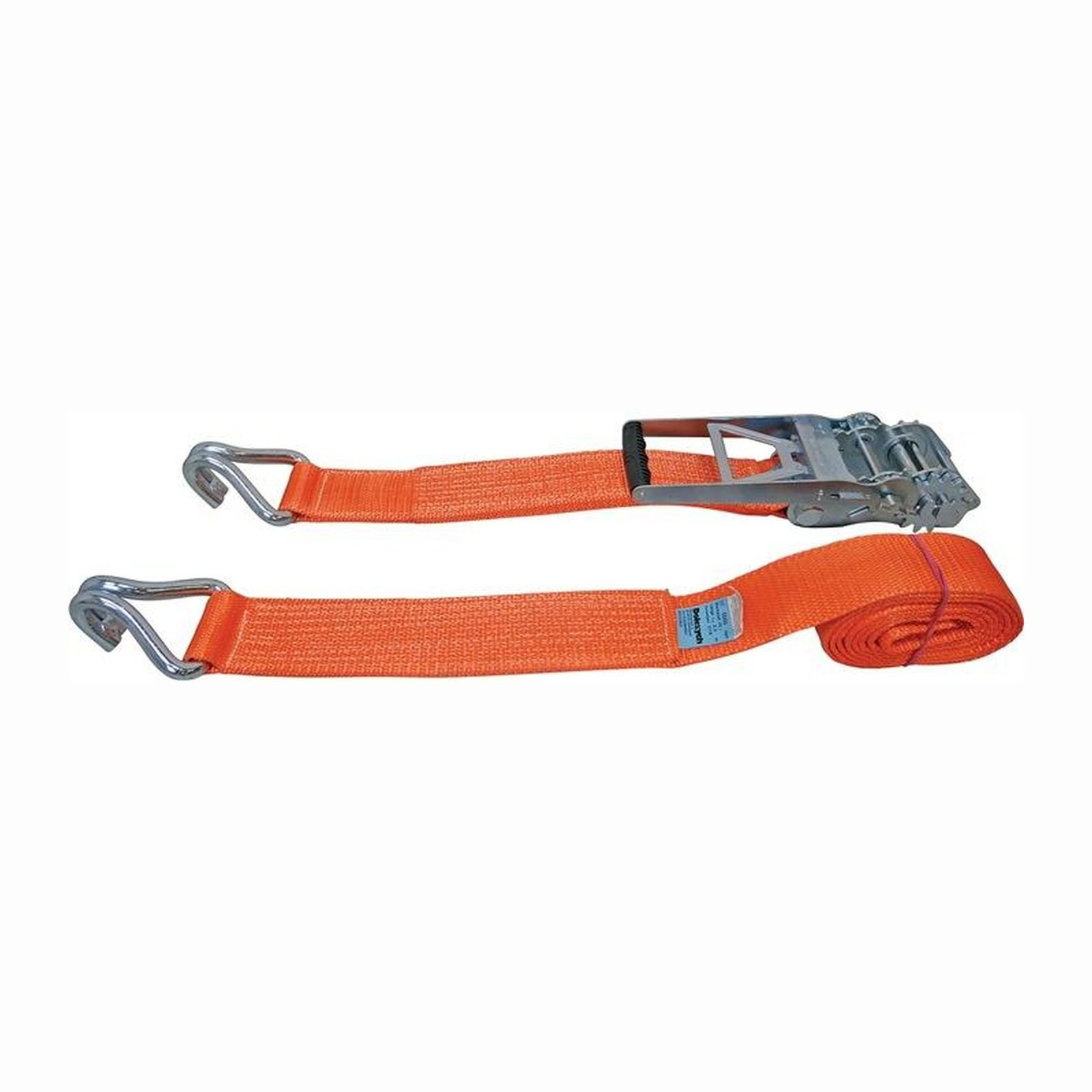 Zwei orangefarbene Zurrgurte mit Metallhaken, einer aufgerollt. Sie befinden sich auf weißem Hintergrund.