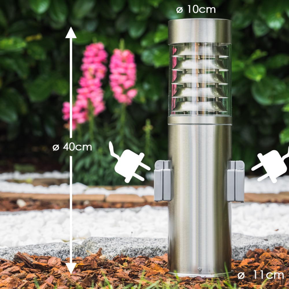 Eine Edelstahl-Außenlampe mit klarem Oberteil. Die Abmessungen sind: 40 cm hoch und 10 cm Durchmesser.