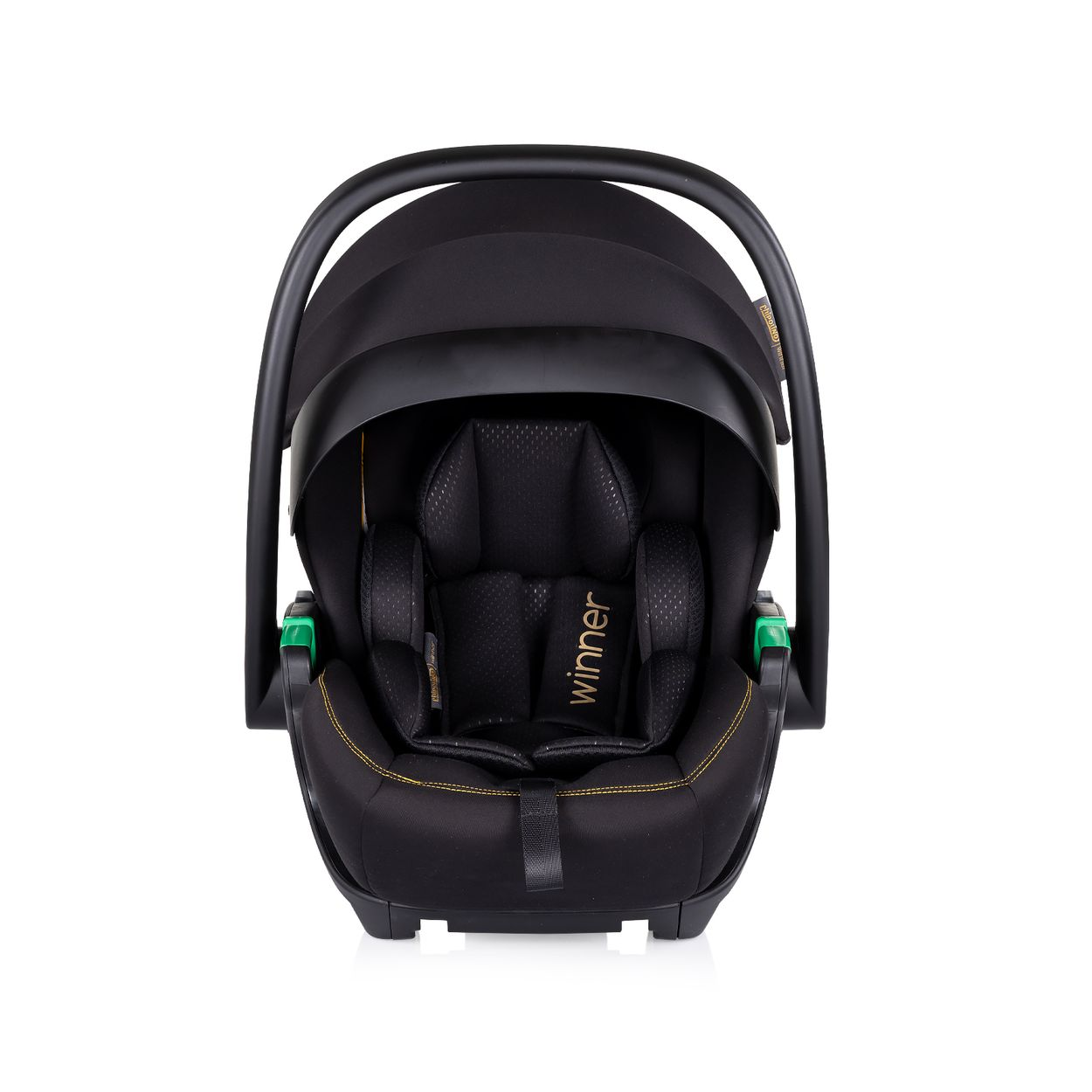Ein schwarzer Babysitz. Er hat einen Griff, ein Verdeck und einen Sitz mit Gurt.