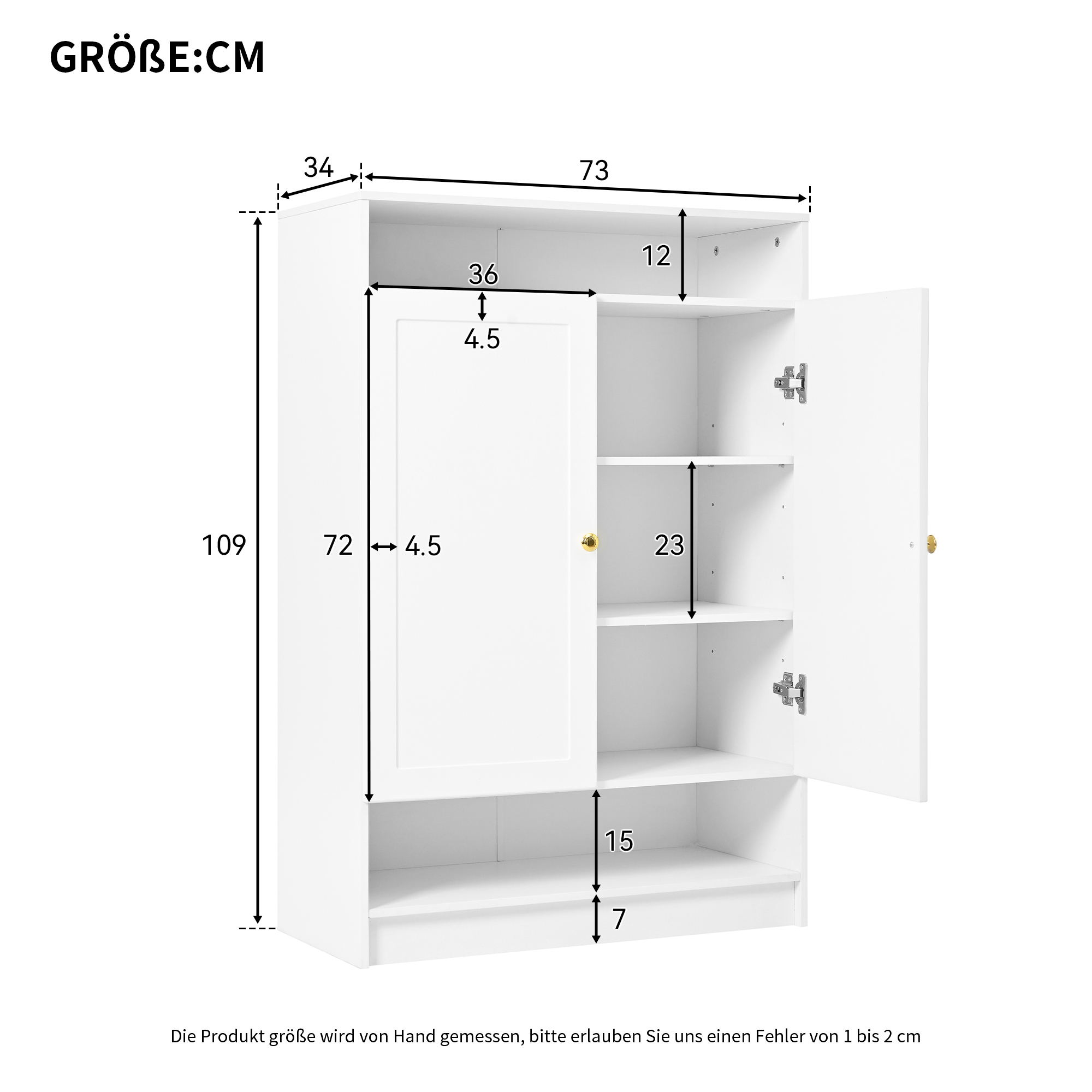 Ein weißer Schrank mit beschrifteten Maßen. Eine Tür ist geöffnet und zeigt Regale.
