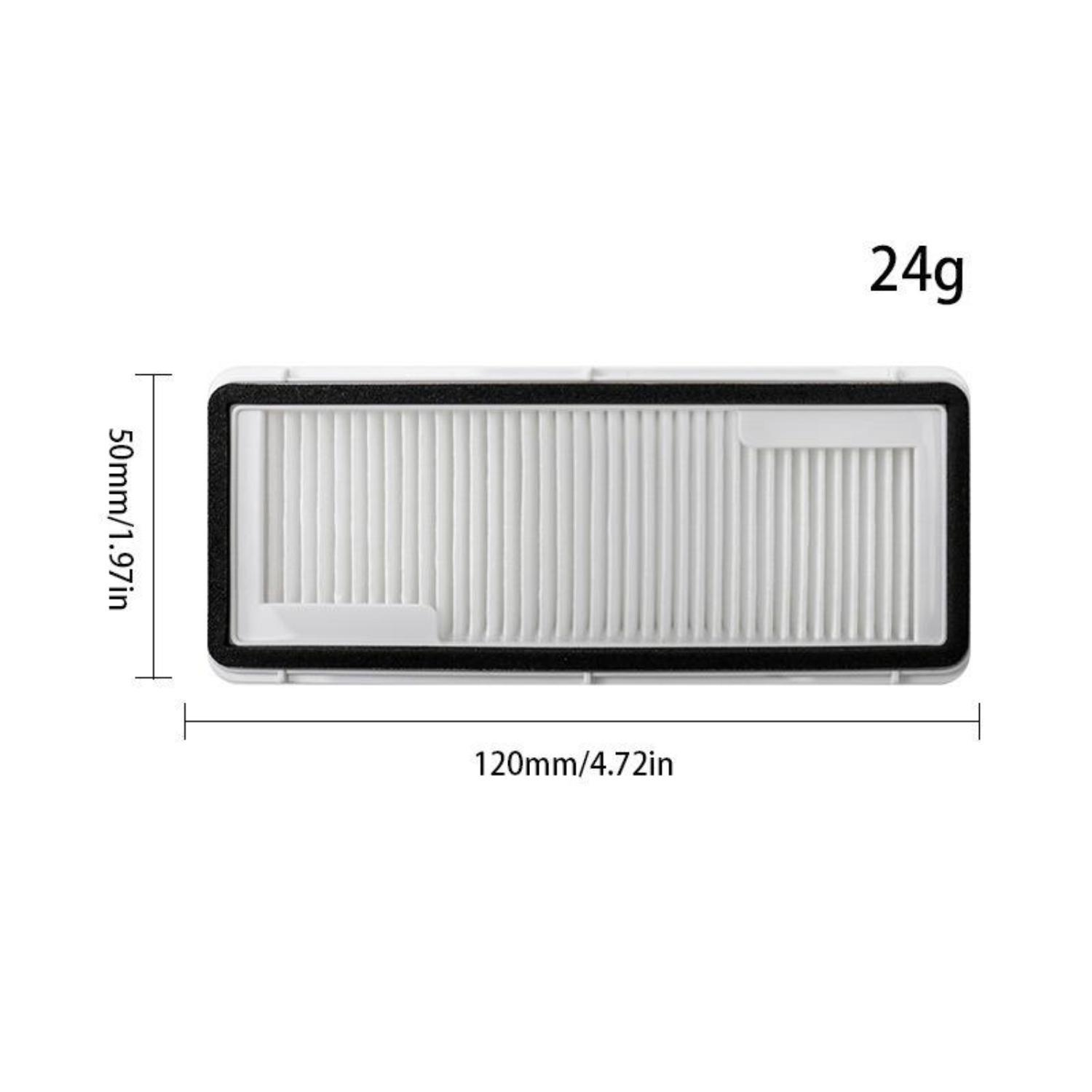 Luftfilter für einen Staubsauger. Rechteckig, weiß mit schwarzen Kanten, mit Abmessungen.