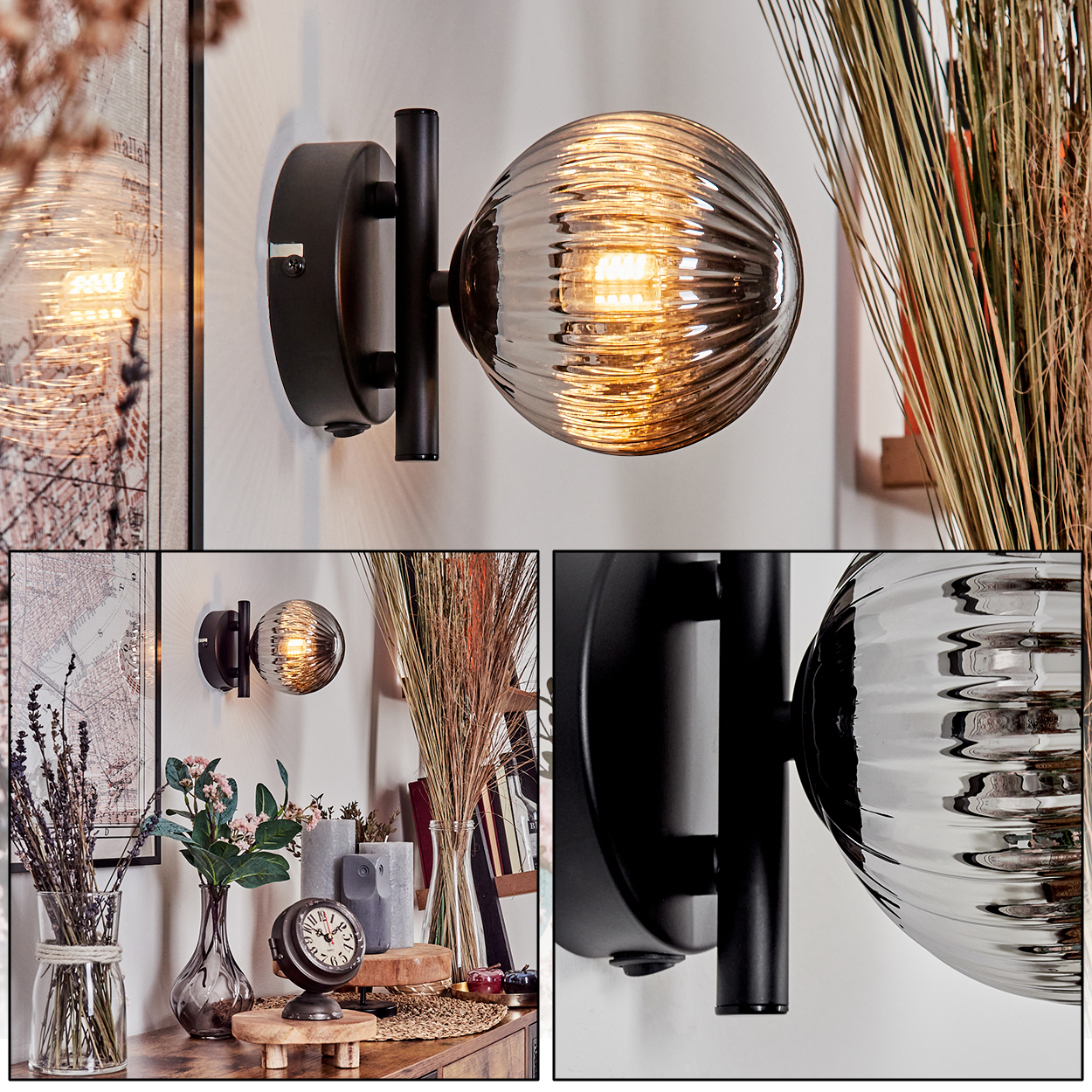 Wandleuchten mit drei Glasschirmen. Warmes Licht geht von den Glühbirnen aus. Die Leuchte ist an einer weißen Wand.