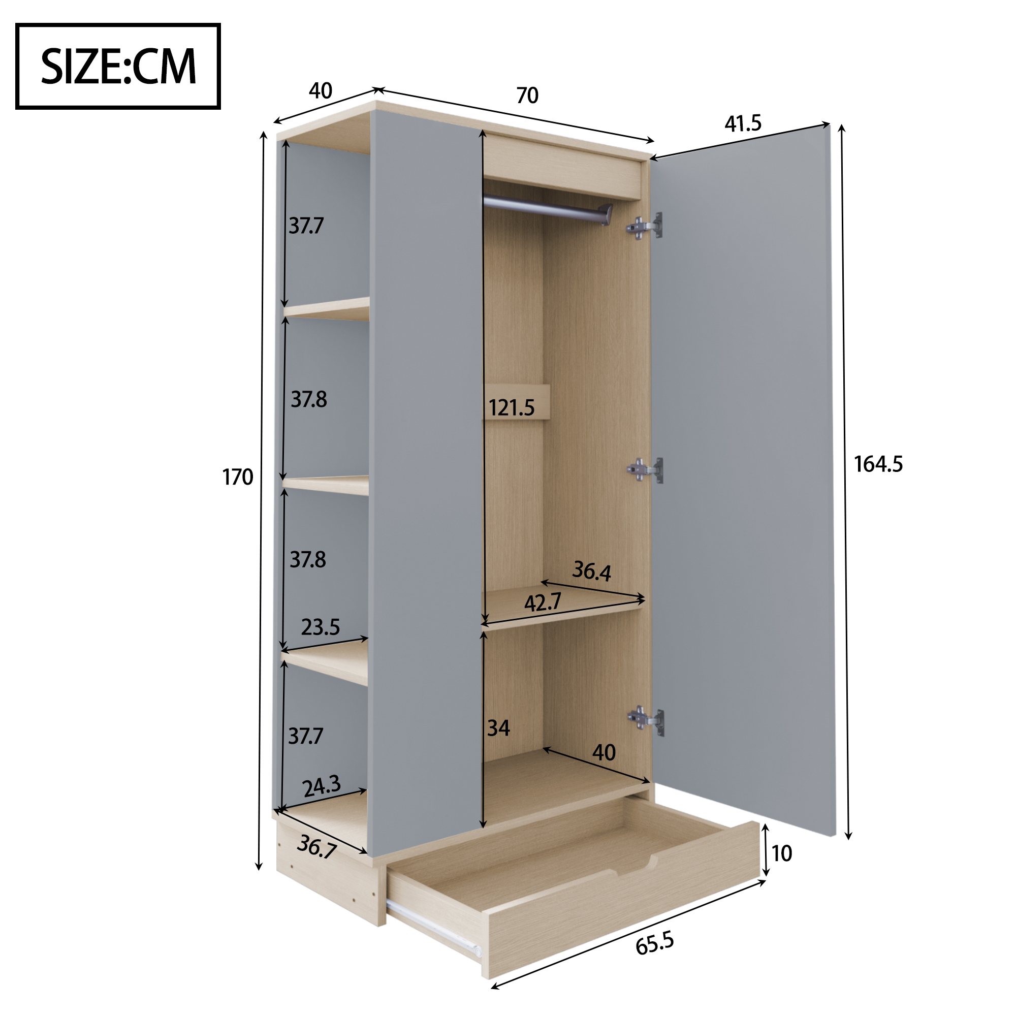Ein offener Kleiderschrank mit Regalen, einer Kleiderstange und einer Schublade. Maße in cm angegeben.