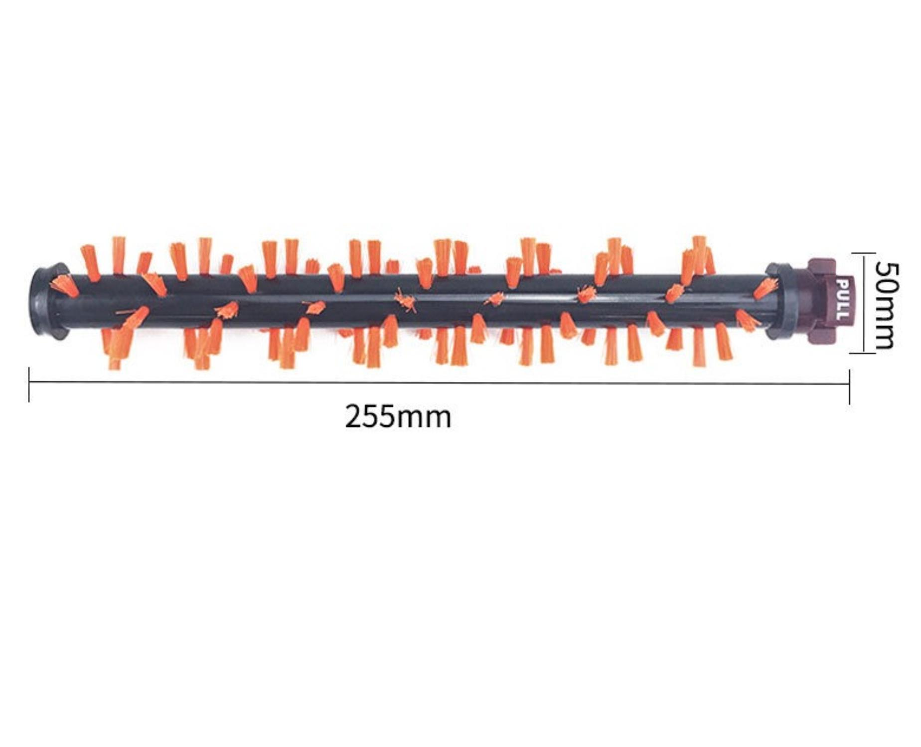 Staubsauger-Bürstenwalze mit orangefarbenen Borsten. Sie ist schwarz und hat eine Länge von 255 mm und eine Breite von 50 mm.