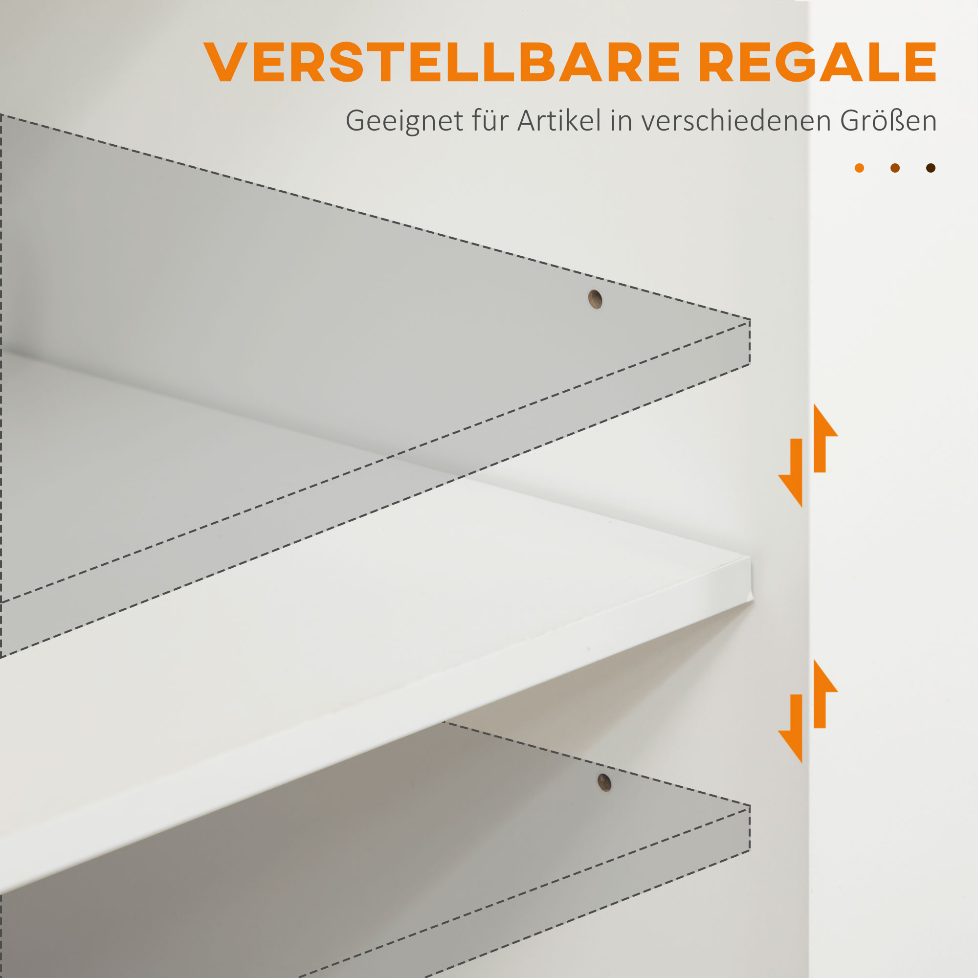 Nahaufnahme von Regalen in einem weißen Schrank mit verstellbaren Regalen.