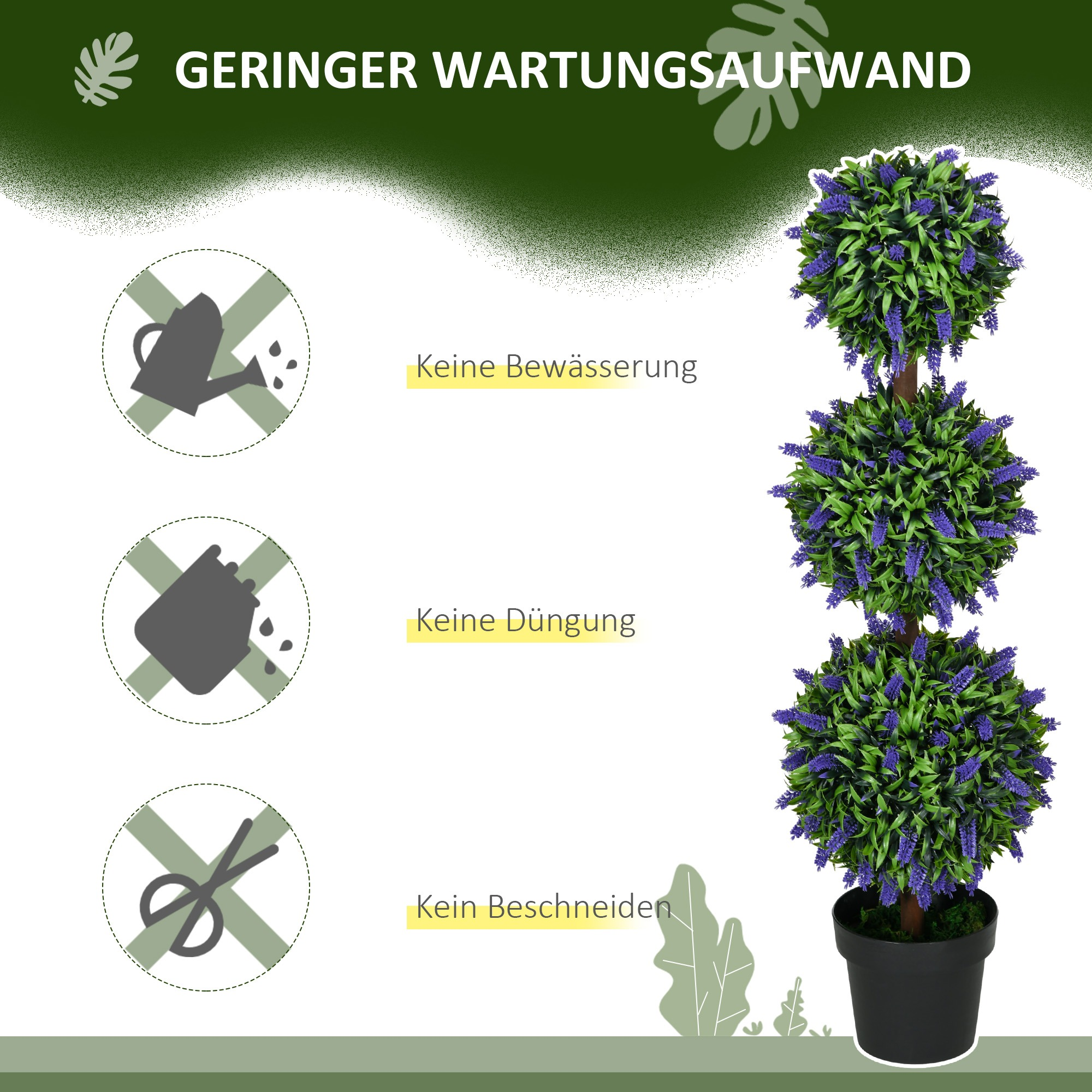 Dreistufige Topiaries mit lila Blumen in schwarzem Topf. Text besagt: kein Gießen, kein Düngen, kein Beschneiden.