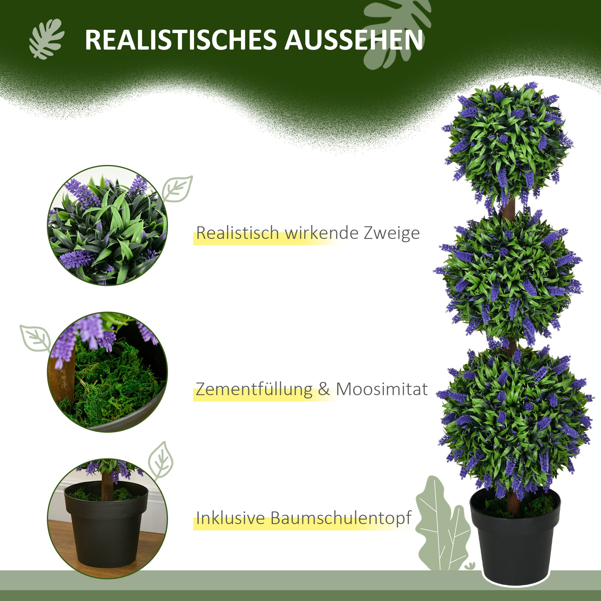Ein getopfter, künstlicher Lavendel-Topiari mit drei Etagen, lila Blüten und grünen Blättern.