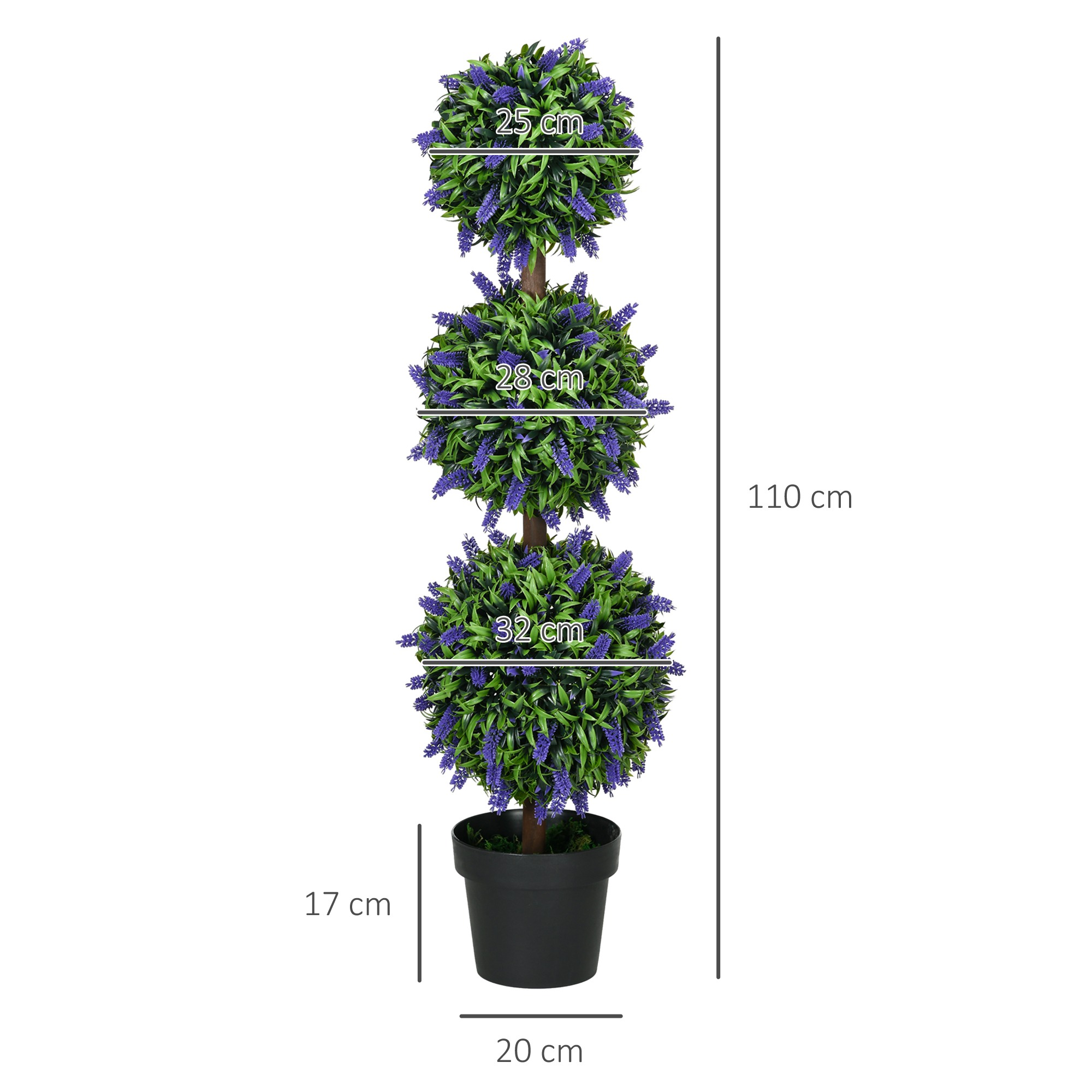 Diagramm eines Lavendel-Topiaries mit Maßen: 110 cm hoch, 25 cm, 28 cm und 32 cm breit.