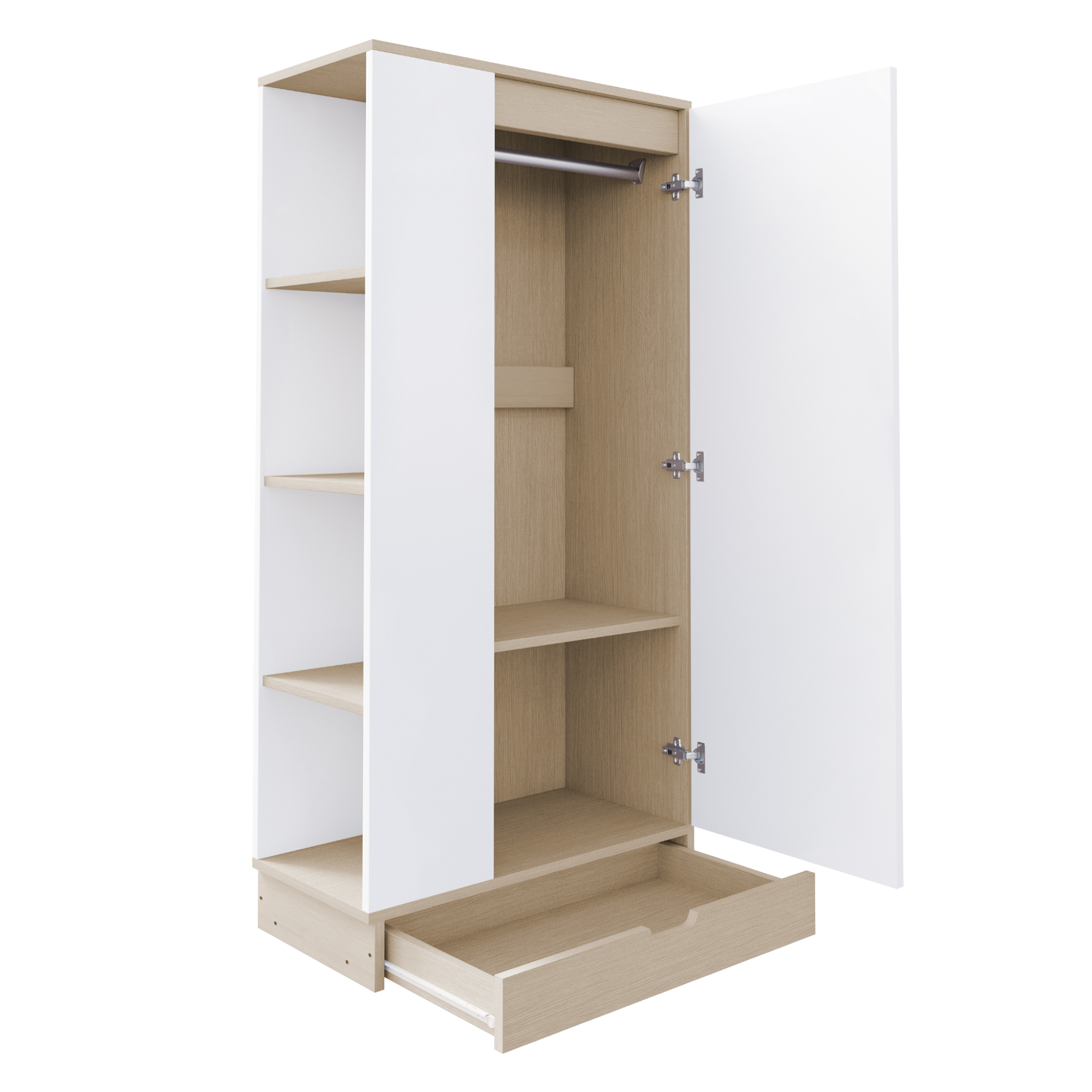 Ein weißer und hellholzfarbener Kleiderschrank mit offener Tür, der Regale, eine Schublade und eine Kleiderstange zeigt.