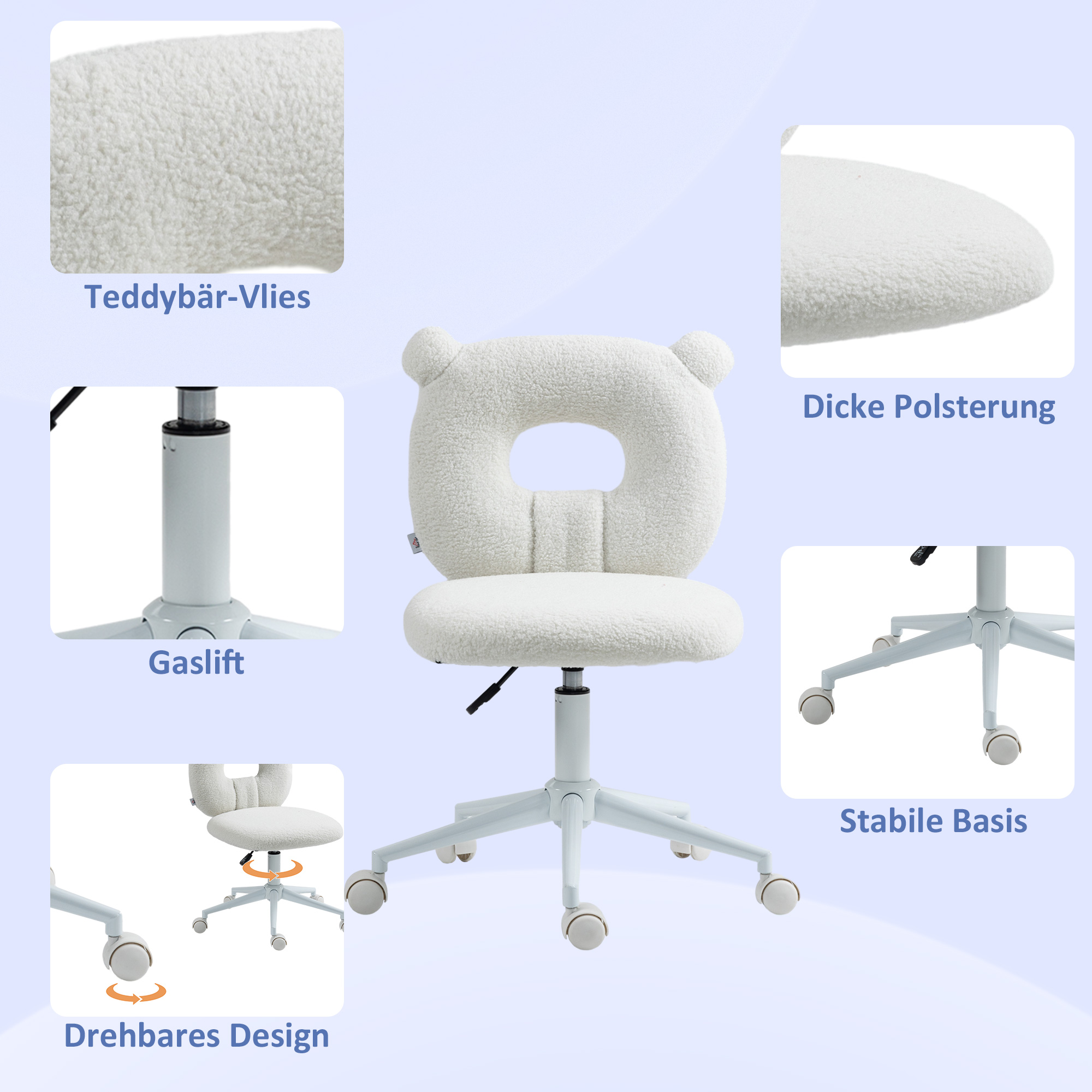 Ein weißer Stuhl in Teddybärform mit weißem Gestell, drehbarem Design und dicker Polsterung. Verschiedene Ansichten.