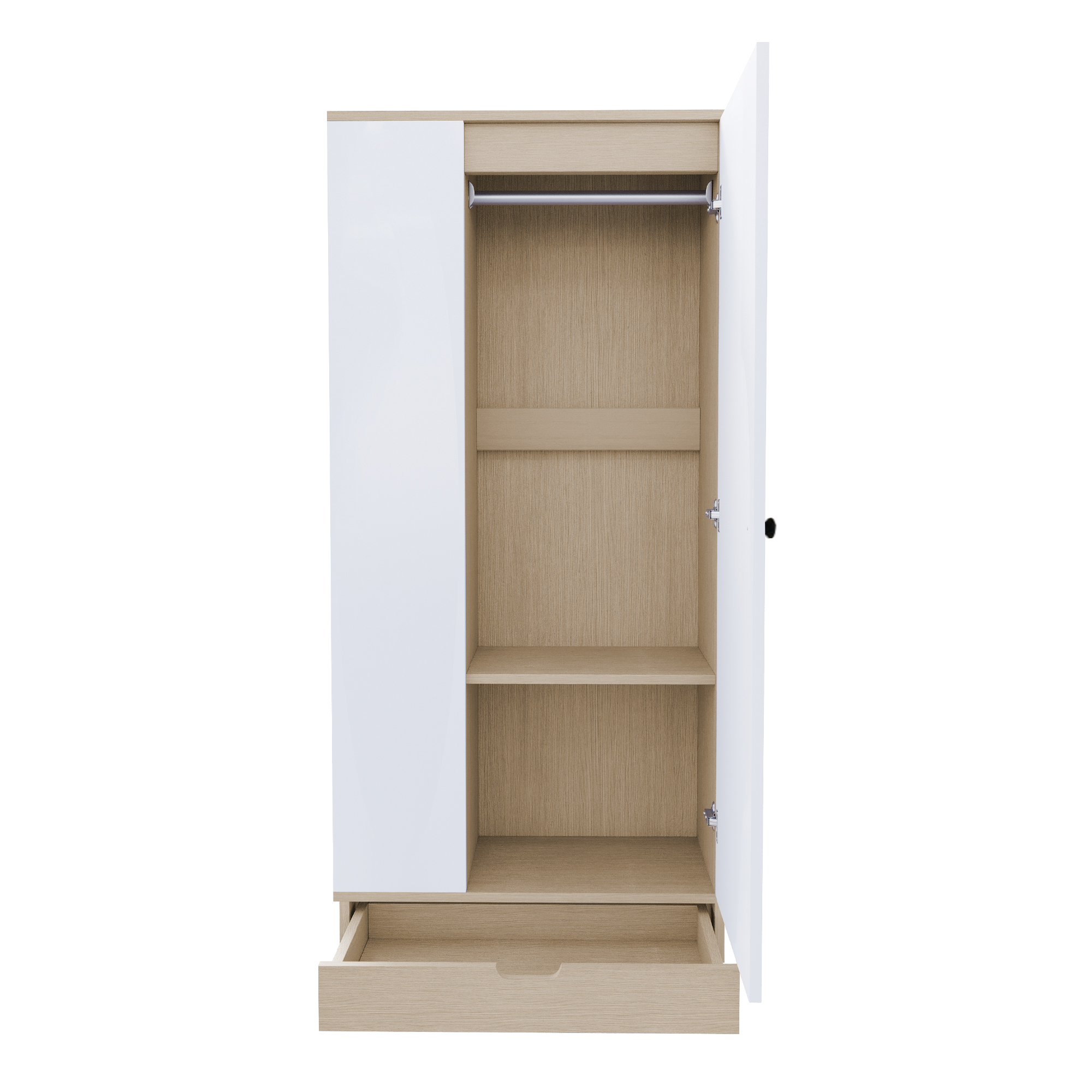 Ein weißer und holzfarbener Kleiderschrank mit offener Tür, die Regale und eine Kleiderstange freigibt.