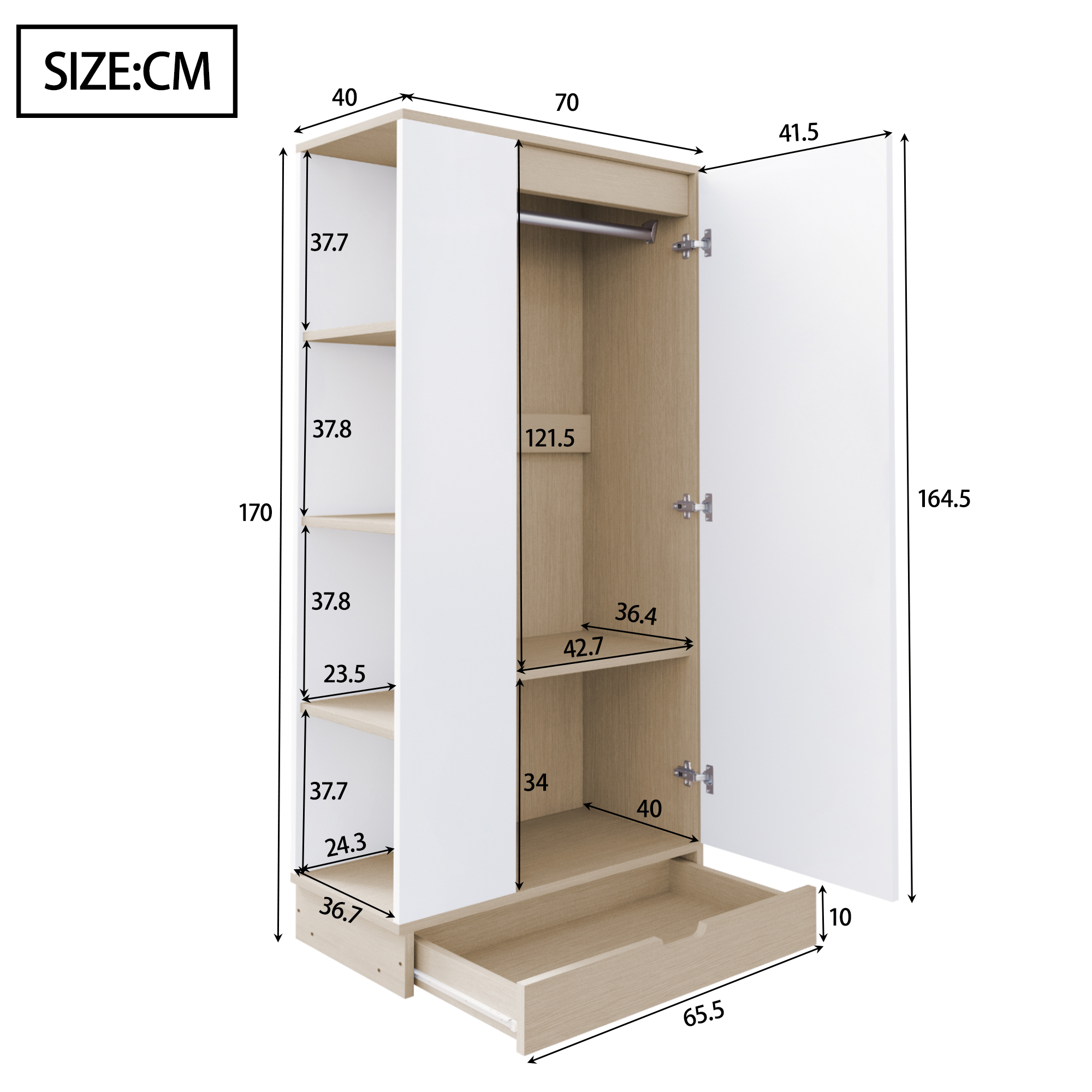 Holzkleiderschrank mit Maßangaben. Rechte Tür offen, zeigt Regale und Schublade.