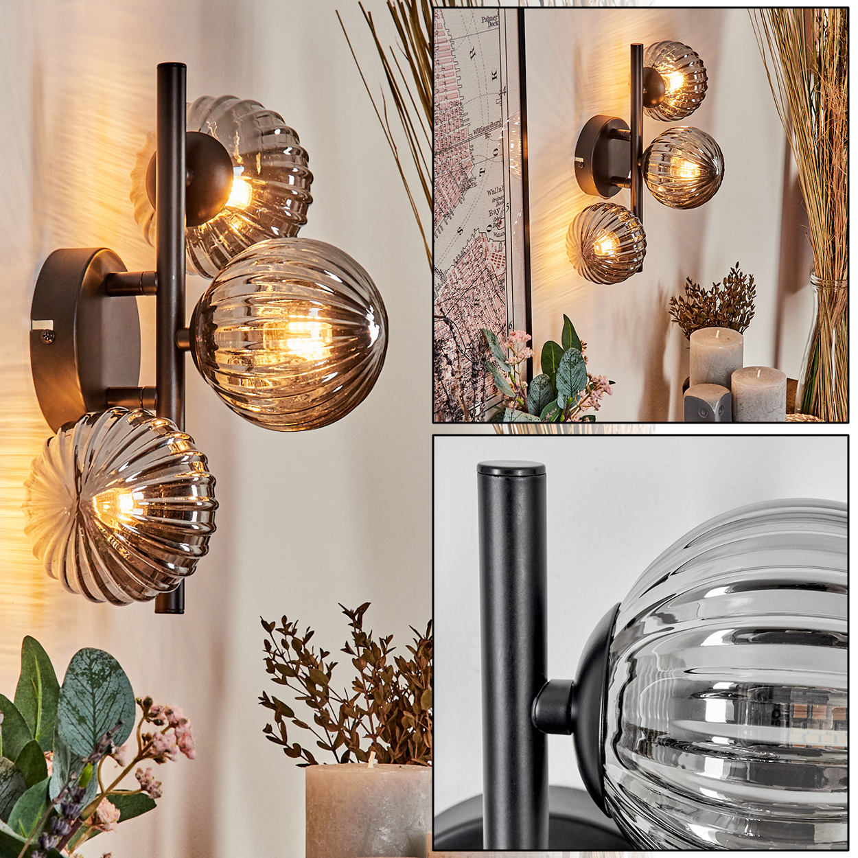 Wandleuchten mit jeweils drei Glaskugeln, beleuchtet und an einer Wand befestigt.