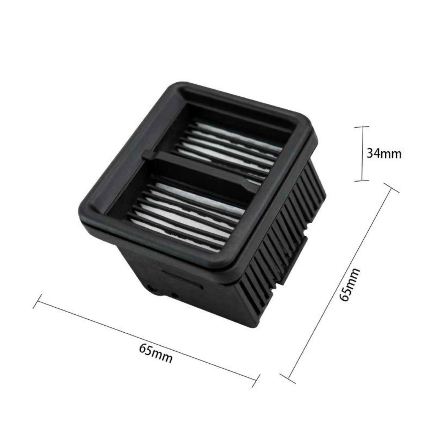 Ein quadratischer schwarzer Luftfilter mit den Maßen 65 mm x 65 mm und 34 mm.