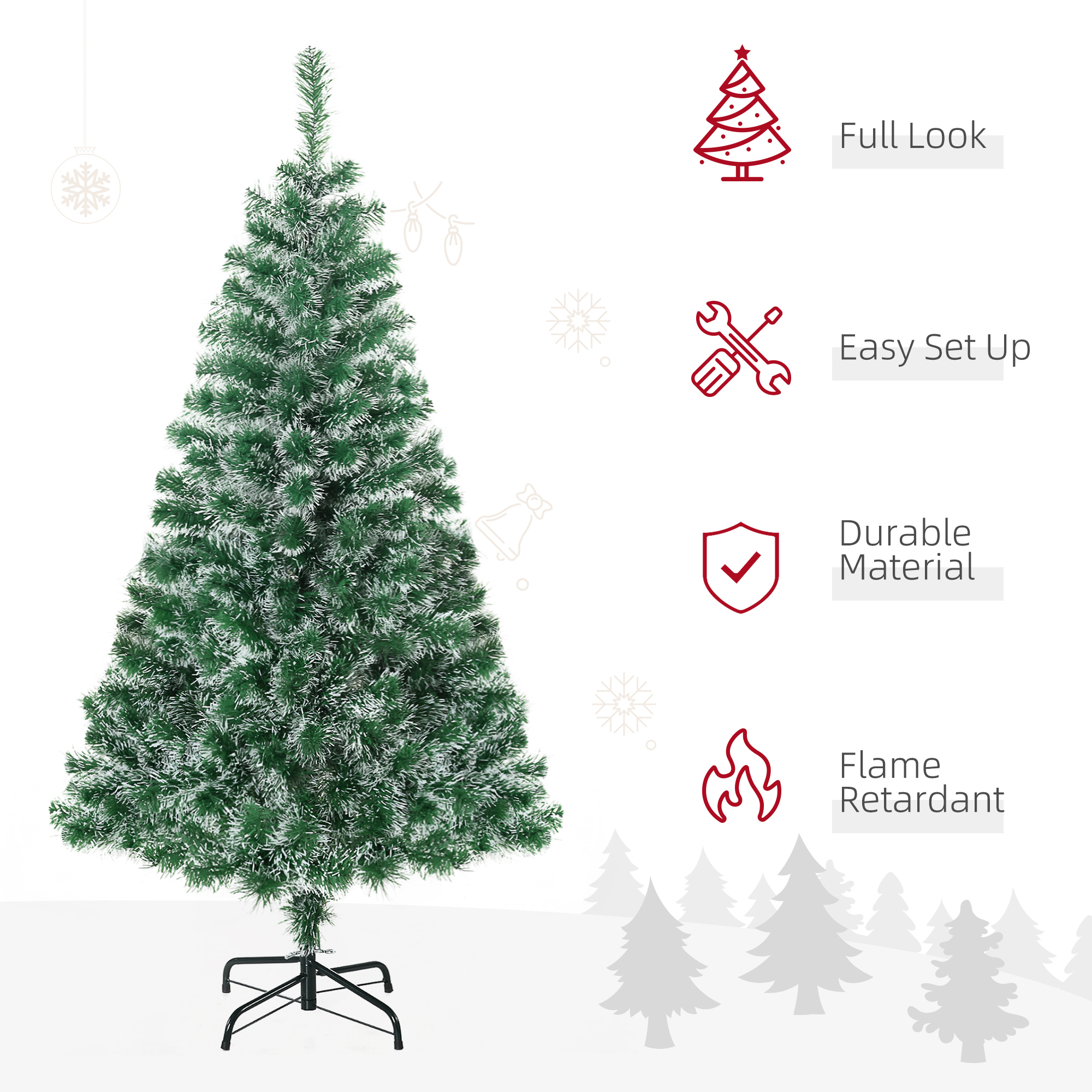 Ein grüner Weihnachtsbaum auf einem schwarzen Ständer, mit Funktionssymbolen.