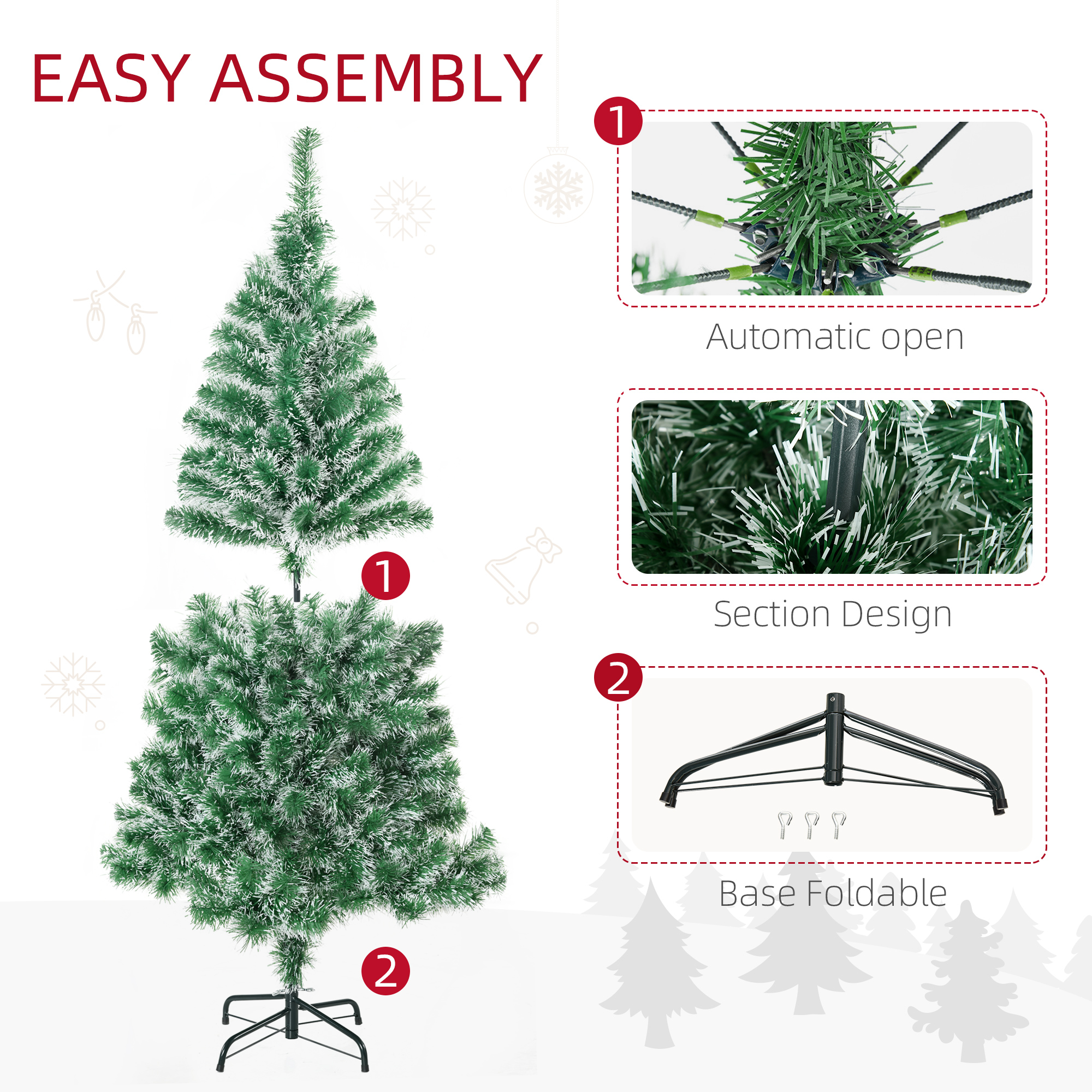 Ein montierter Weihnachtsbaum und Anweisungen zur einfachen Montage.