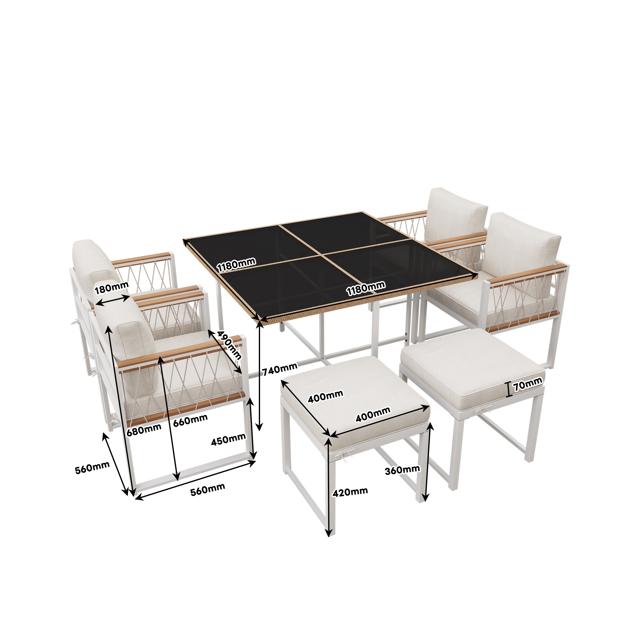 Gartenmöbel-Set mit Tisch und Stühlen, mit Maßangaben, weißem Rahmen, beigen Kissen.