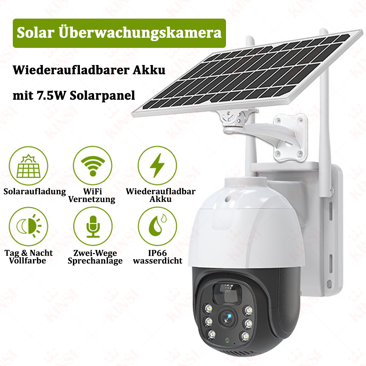 Solarbetriebene Sicherheitskamera mit Textbeschriftungen, Funktionen und Telefon mit Video.
