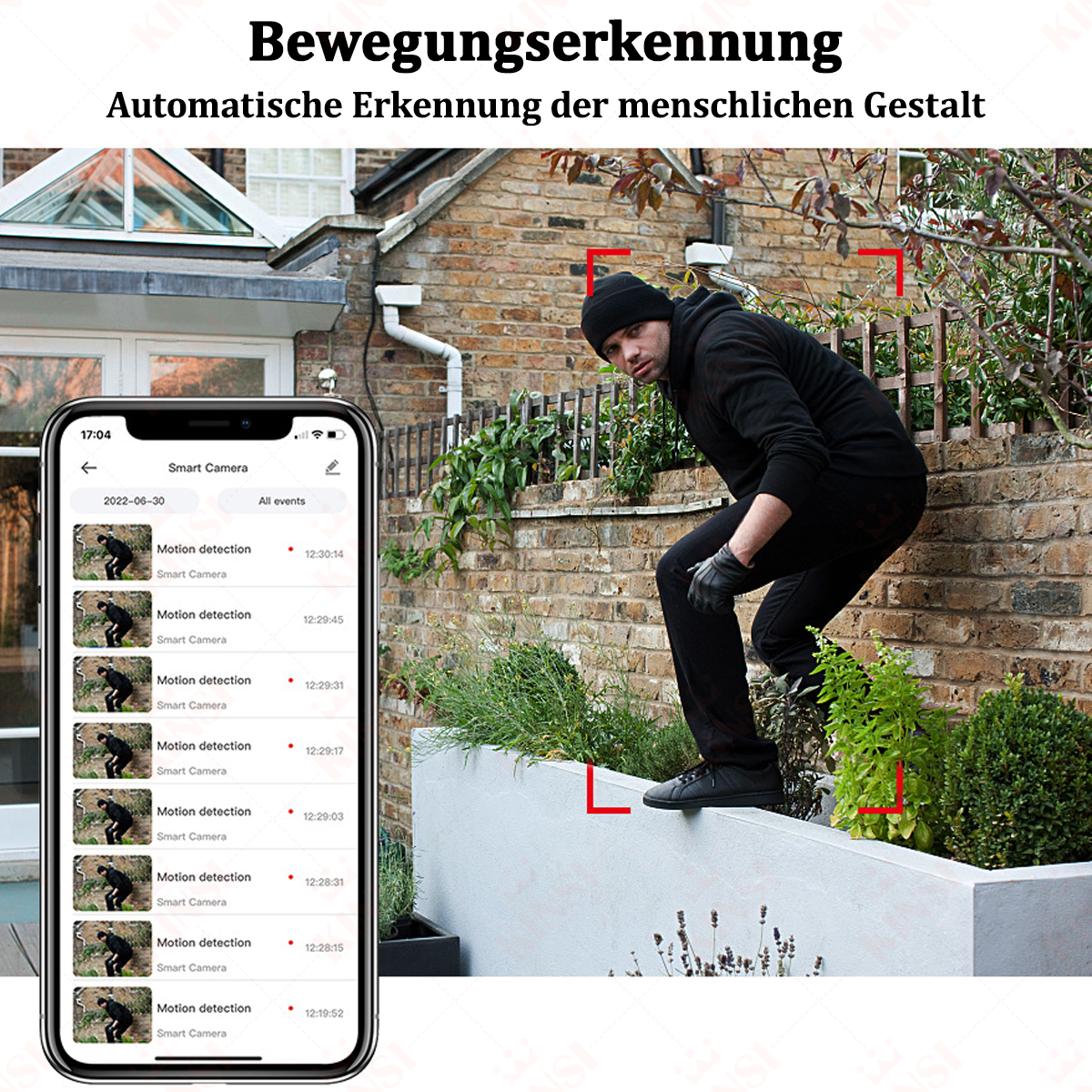 Eine Person schleicht sich auf einer Mauer, die Kameraschnittstelle zeigt Bewegungserkennung.