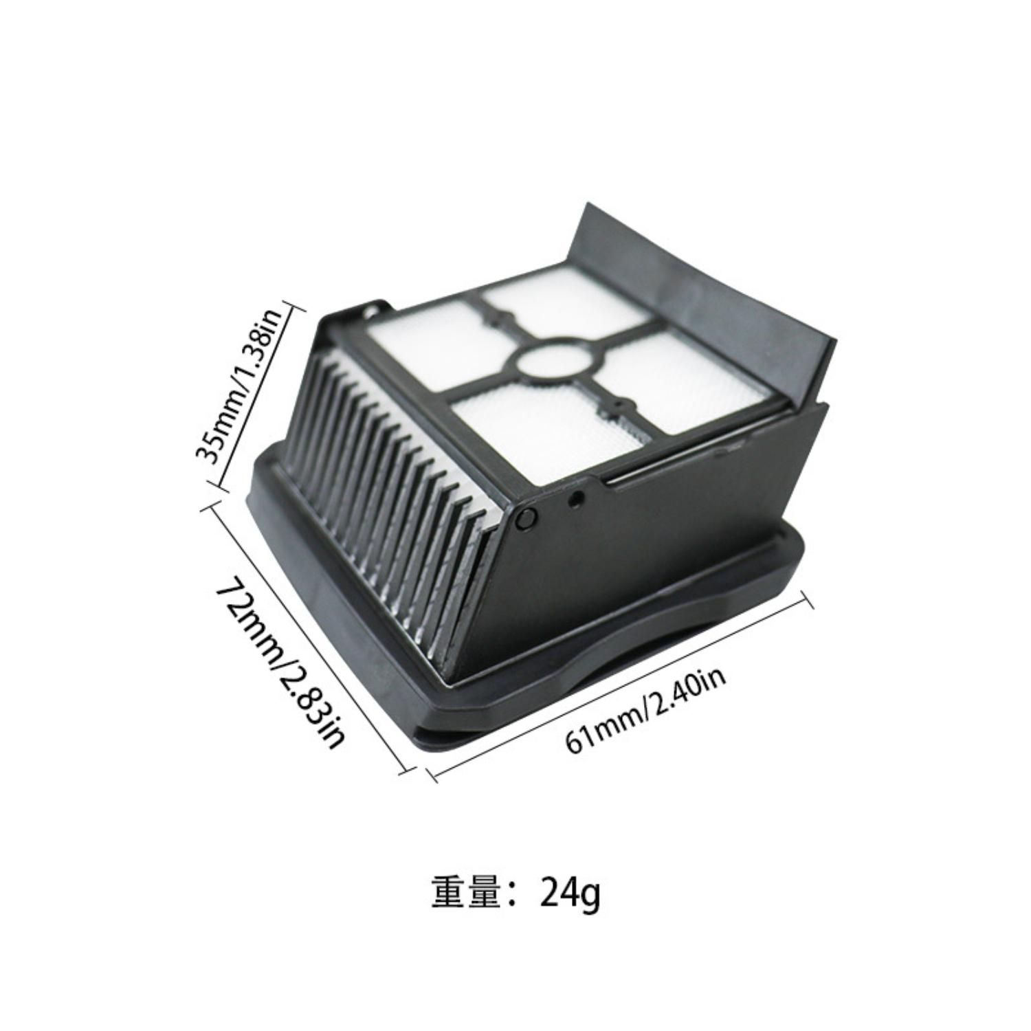 Ein schwarzer Luftfilter mit Abmessungen und Gewicht (24g) auf weißem Hintergrund angezeigt.