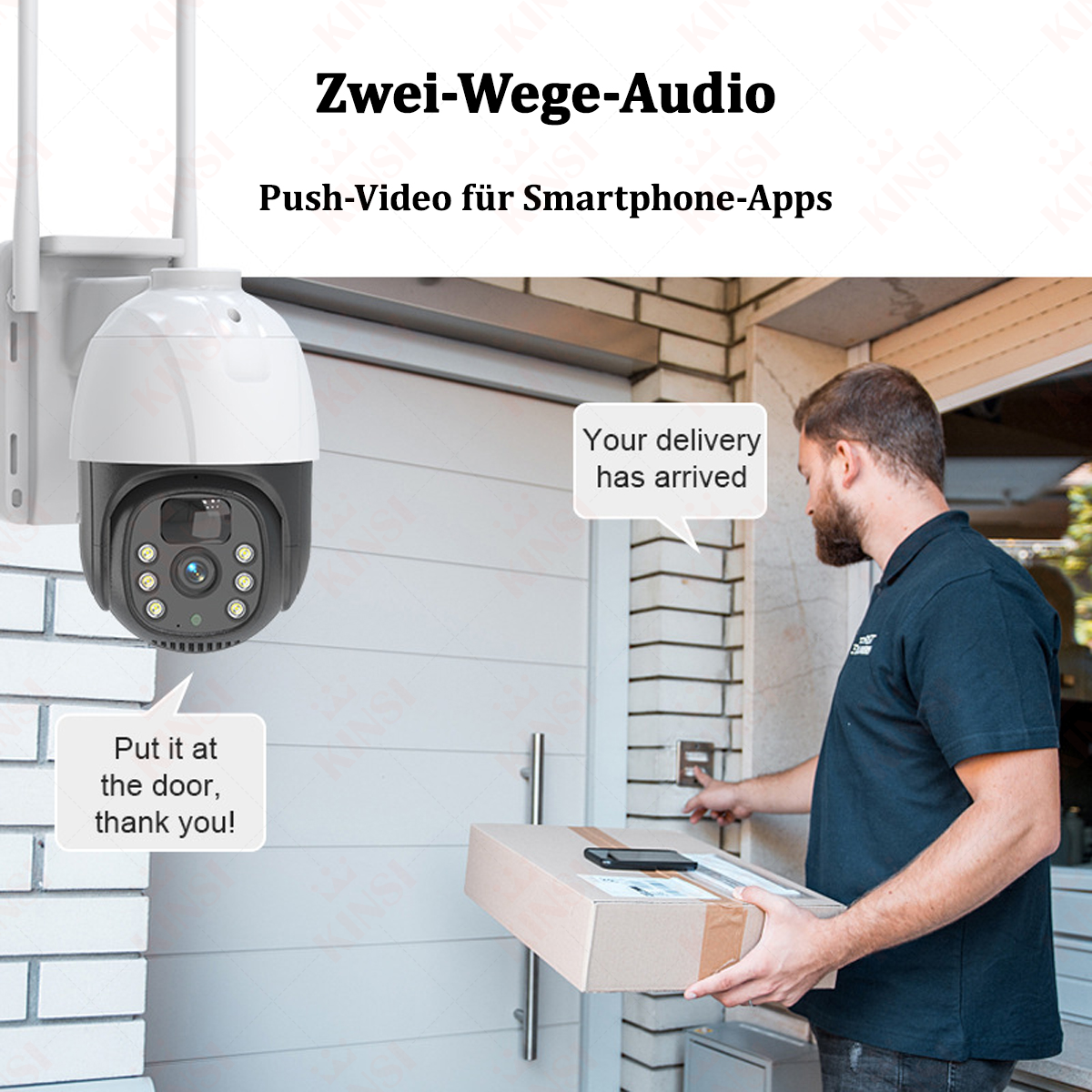 Lieferant mit Paket und Überwachungskamera am Haus, Kommunikation mit einem Telefon.