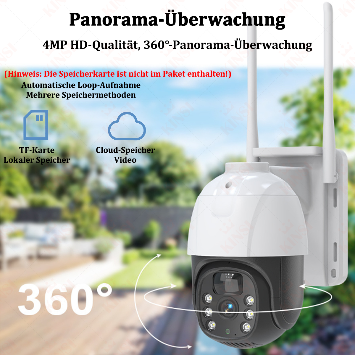 Eine Überwachungskamera mit deutschem Text, die Funktionen wie 360° Ansicht und Cloud-Speicher zeigt.