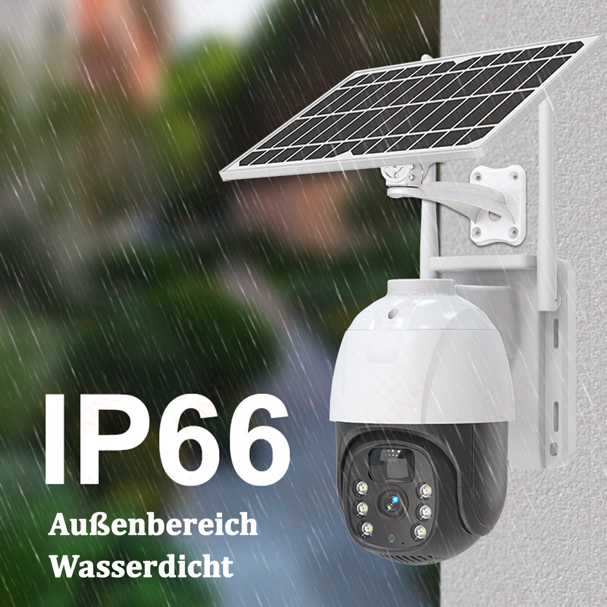 IP66 wasserdichte Überwachungskamera mit Solarpanel, an einer Wand montiert, mit Regen.
