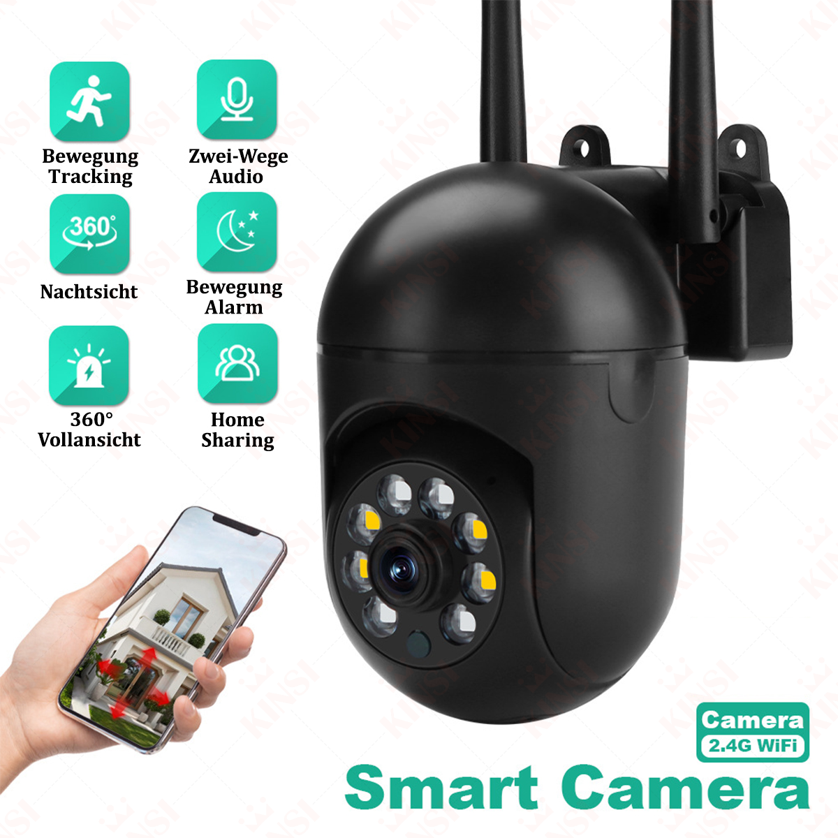 Schwarze Smart Camera mit Symbolen, ein Telefon mit einem Haus und dem Text 'Smart Camera'.