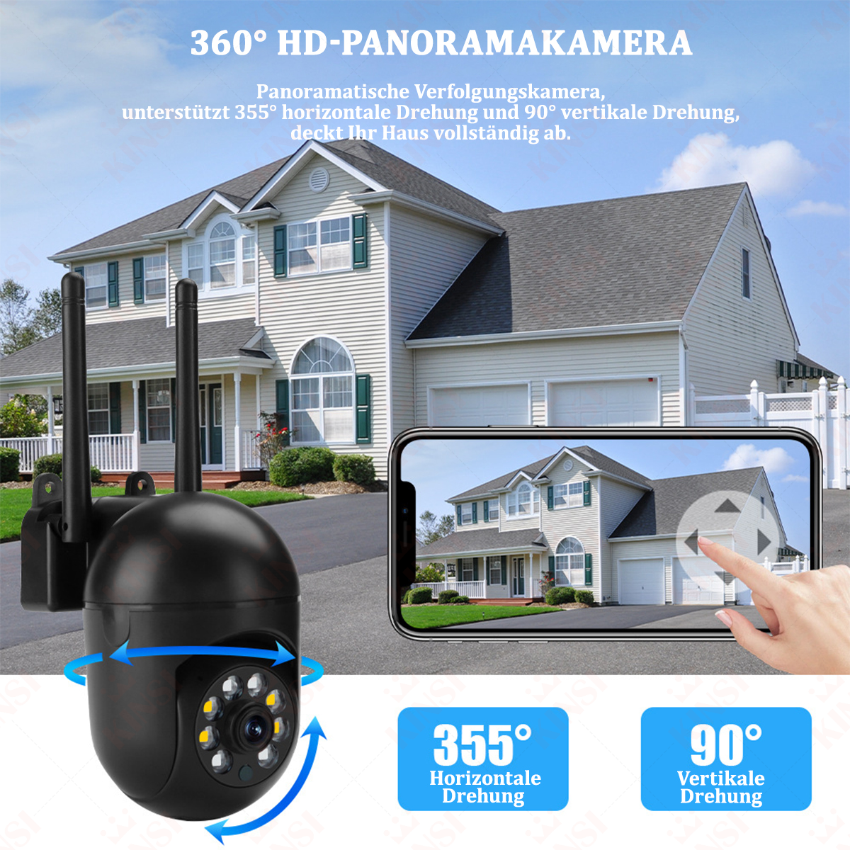 Überwachungskamera mit zwei Antennen, ein Telefon mit einem Haus und Rotationspfeile.
