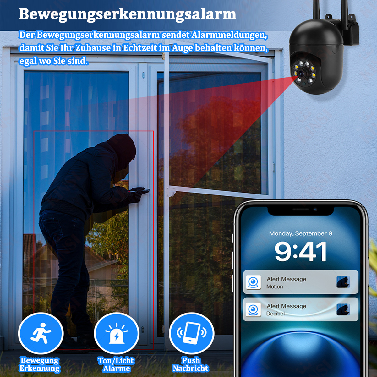 Einbrecher bricht in ein Haus ein, Überwachungskamera und ein Telefon mit einer Alarmmeldung.