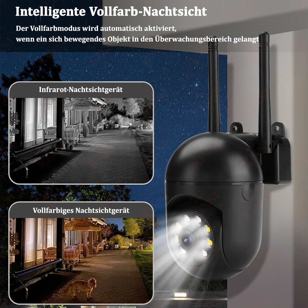 Eine schwarze Überwachungskamera mit zwei Einsetzern, die Nachtsichtansichten einer Straße und eines Hauses zeigen.