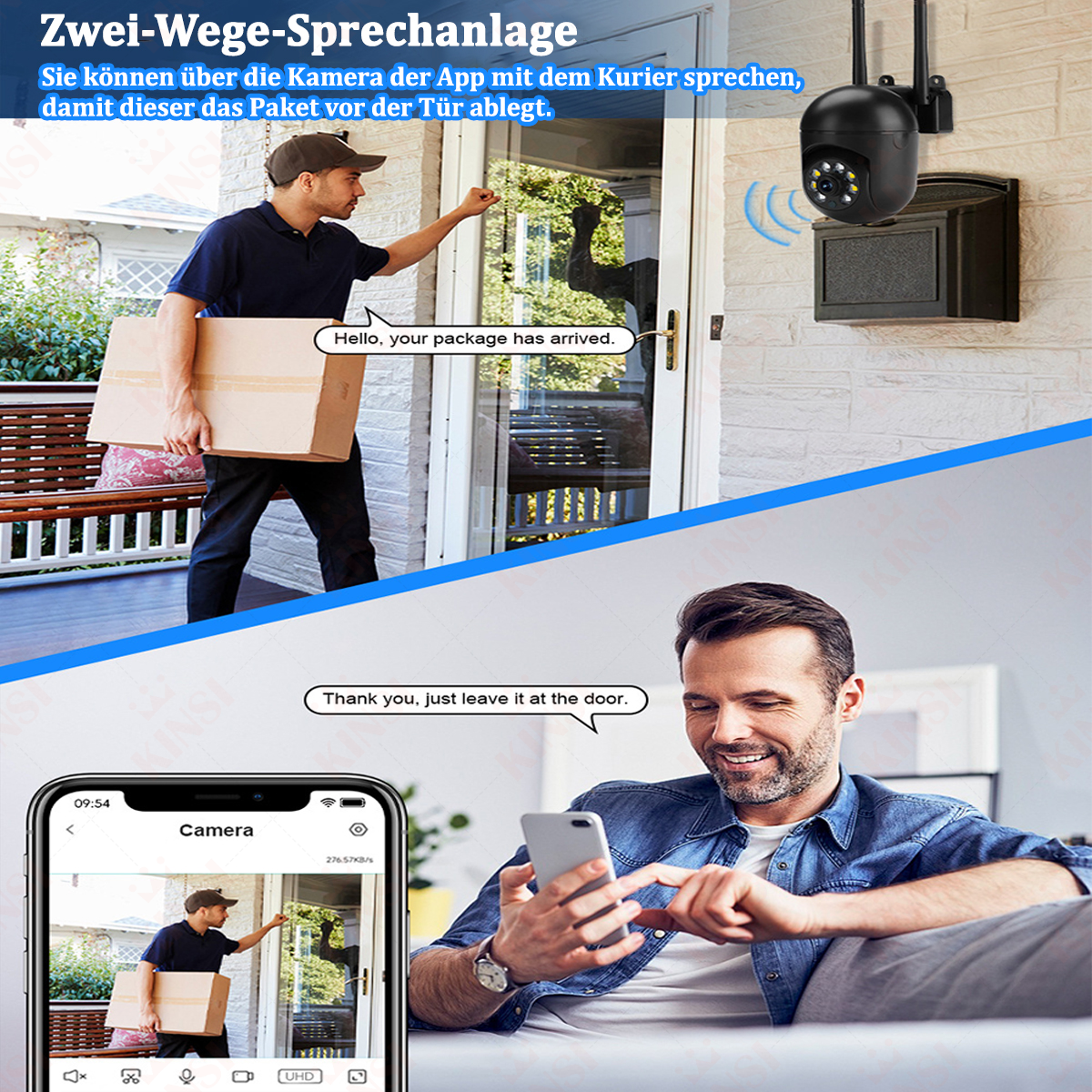 Person empfängt Paket an der Tür, Kamera am Haus überwacht, und Telefonbildschirmansicht.