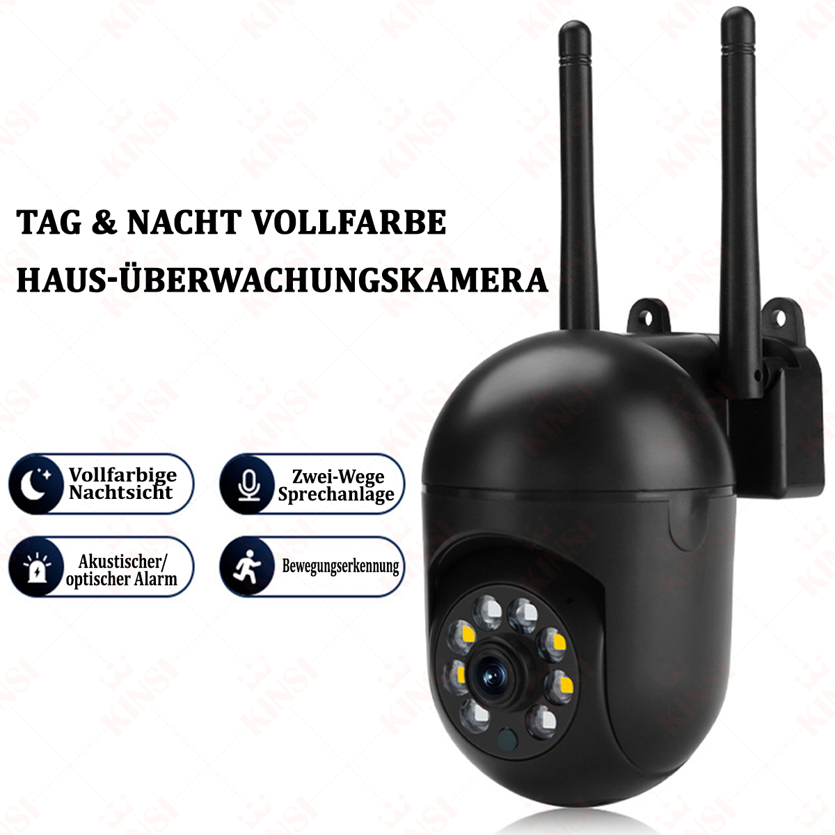 Schwarze Hausüberwachungskamera mit Symbolen und Text auf Deutsch, Kamerafunktionen.