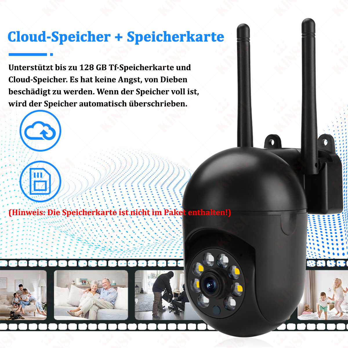 Schwarze Überwachungskamera mit zwei Antennen, Cloud- und Speicherkarten-Symbolen, Alltagsszenen.