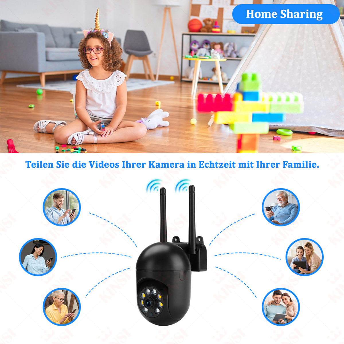 Eine Überwachungskamera mit zwei Antennen, die Familienmitglieder beim Teilen von Videos von ihrer Kamera zeigt.