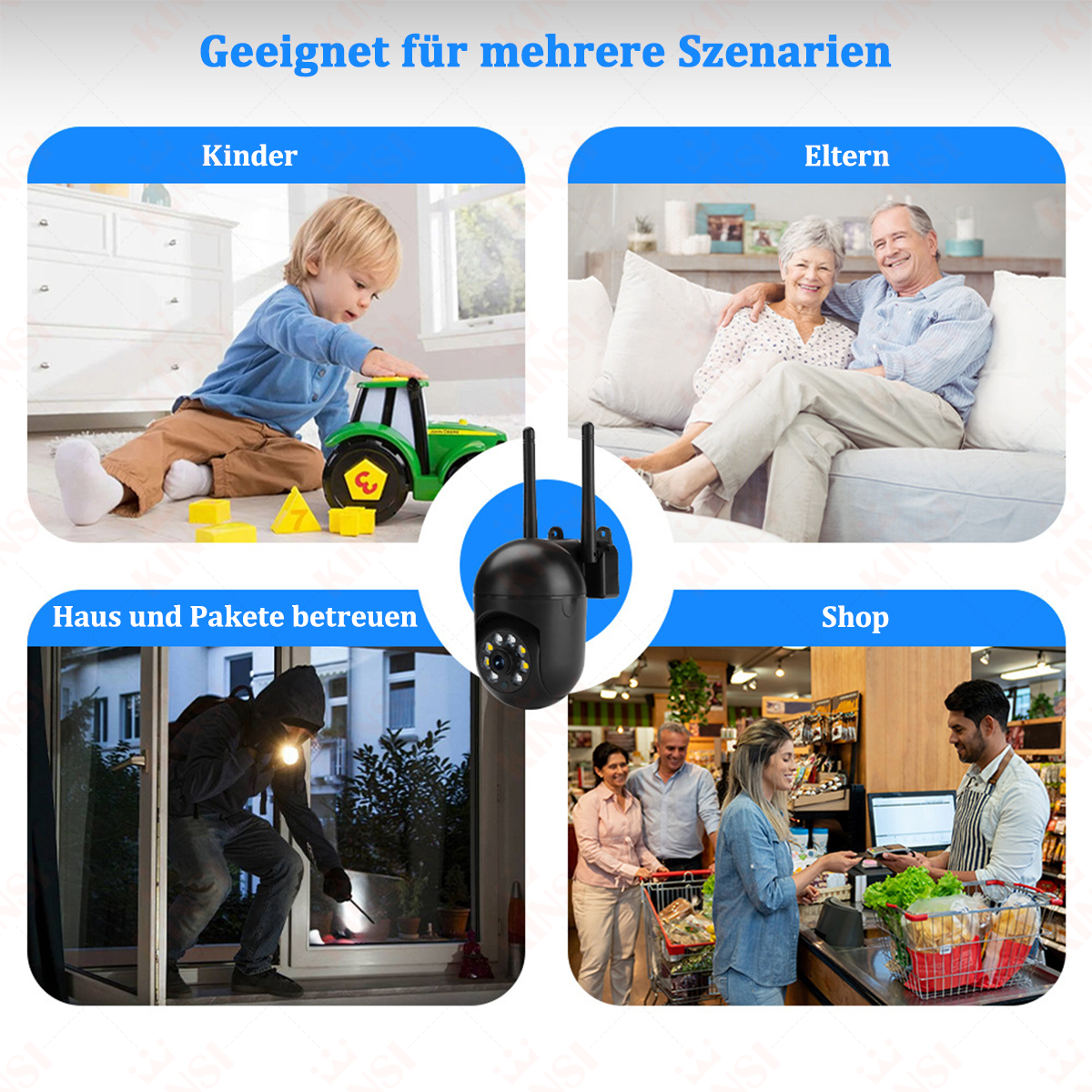 Smart Camera mit verschiedenen Szenen, darunter Kinder, Eltern, ein Geschäft und ein Einbrecher.