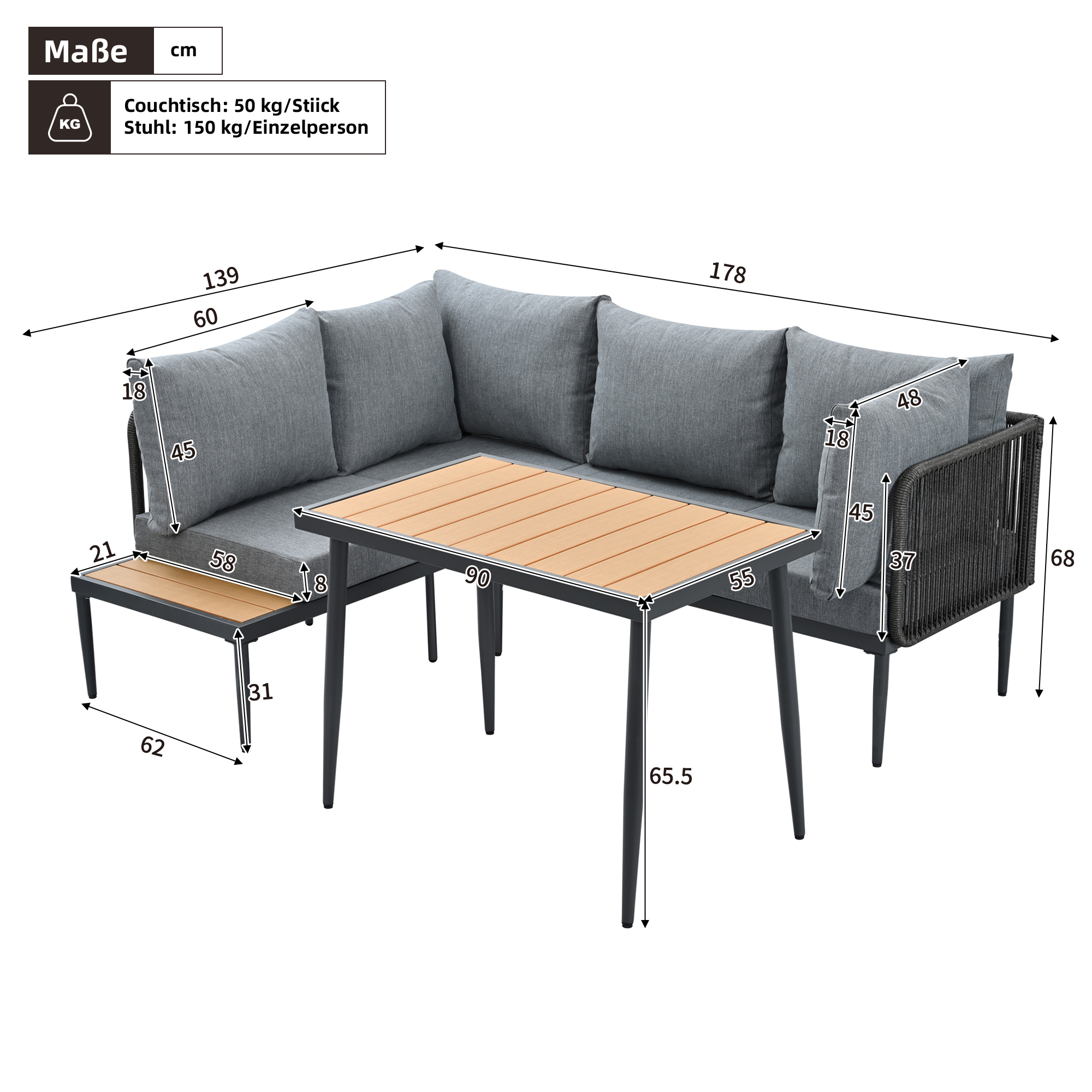 L-förmiges Sofaset mit Abmessungen in cm beschriftet.