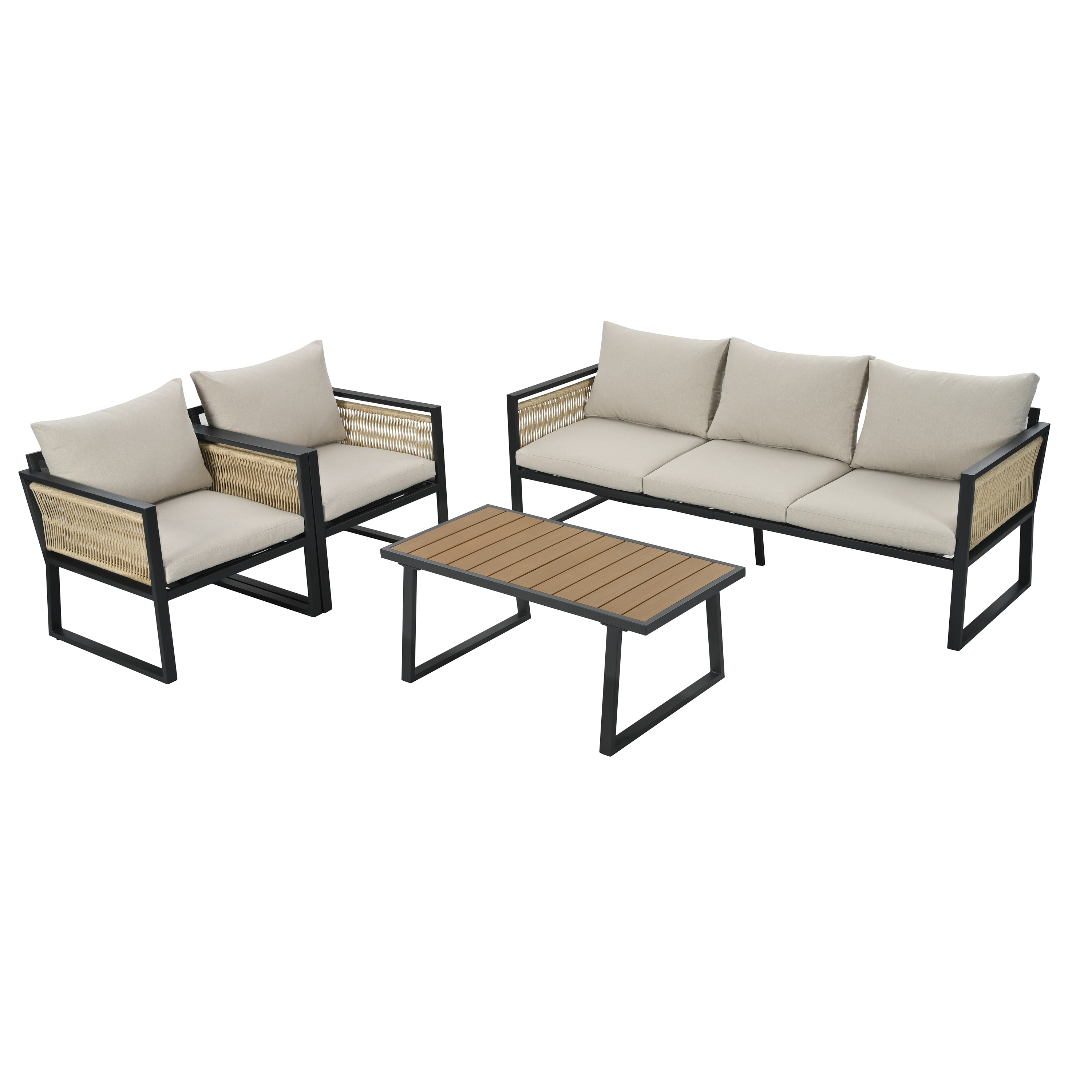 Gartenmöbel-Set auf weißem Hintergrund. Enthält eine Couch, zwei Stühle und einen Tisch.