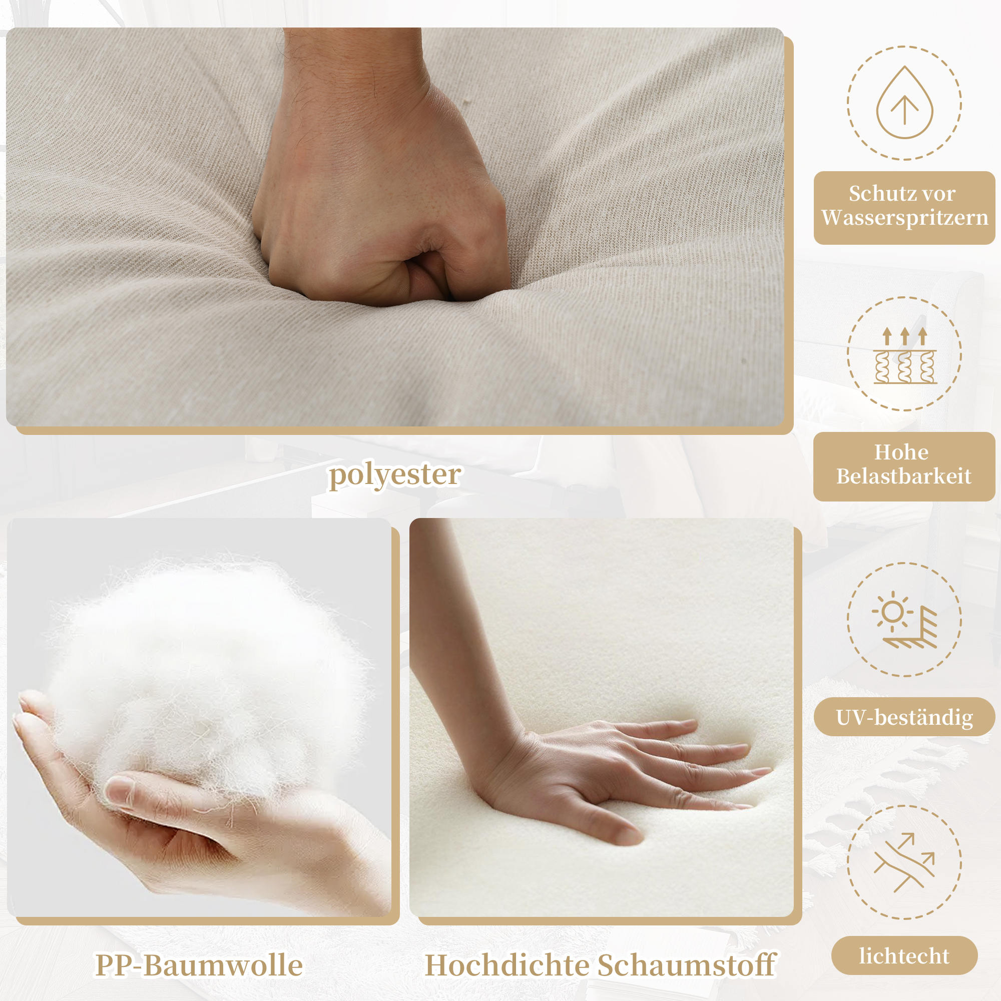 Nahaufnahme von Kissenmaterialien: Polyester, PP-Baumwolle und hochdichter Schaumstoff.