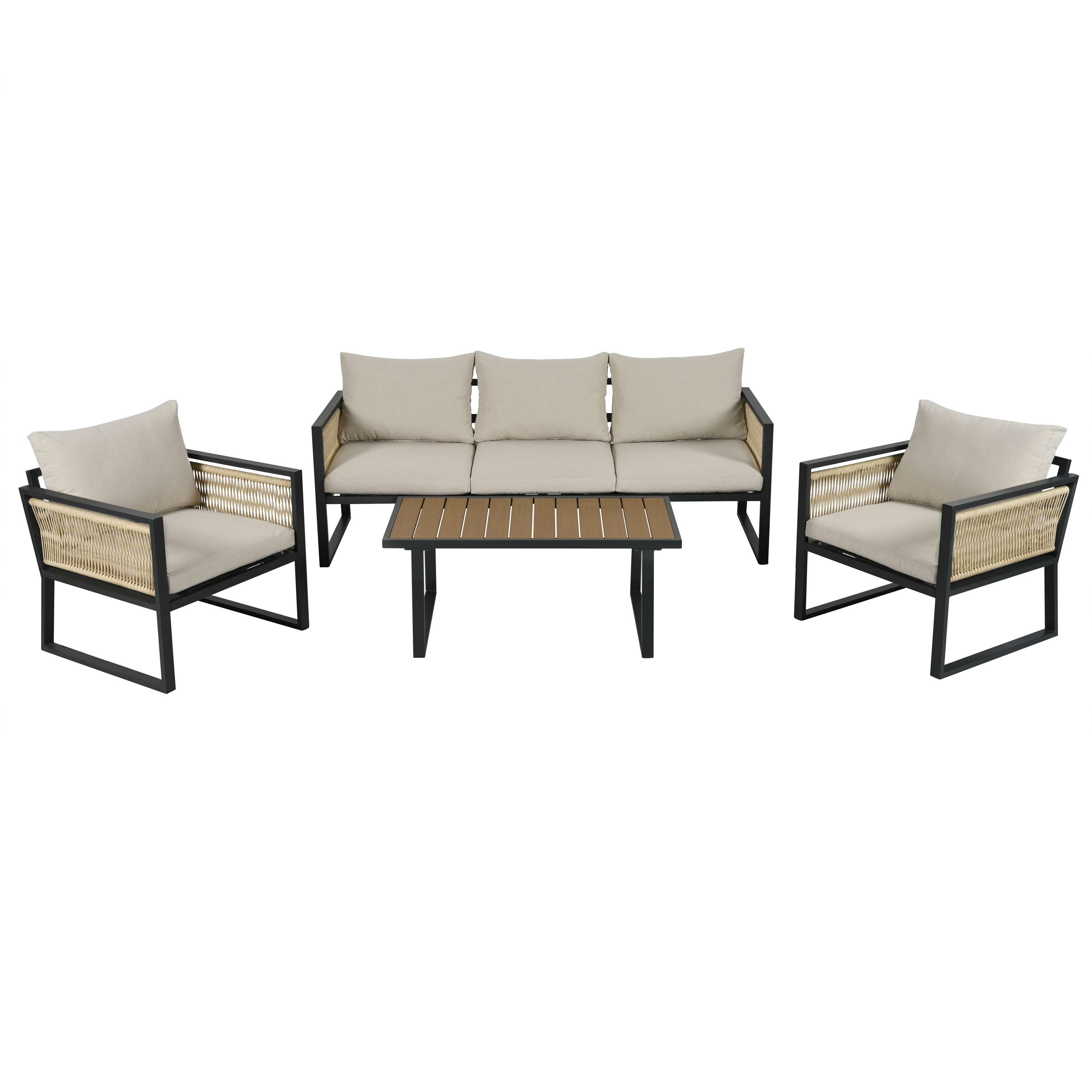 Gartenmöbel-Set. Eine Couch, zwei Stühle und ein Tisch sind vor weißem Hintergrund zu sehen.
