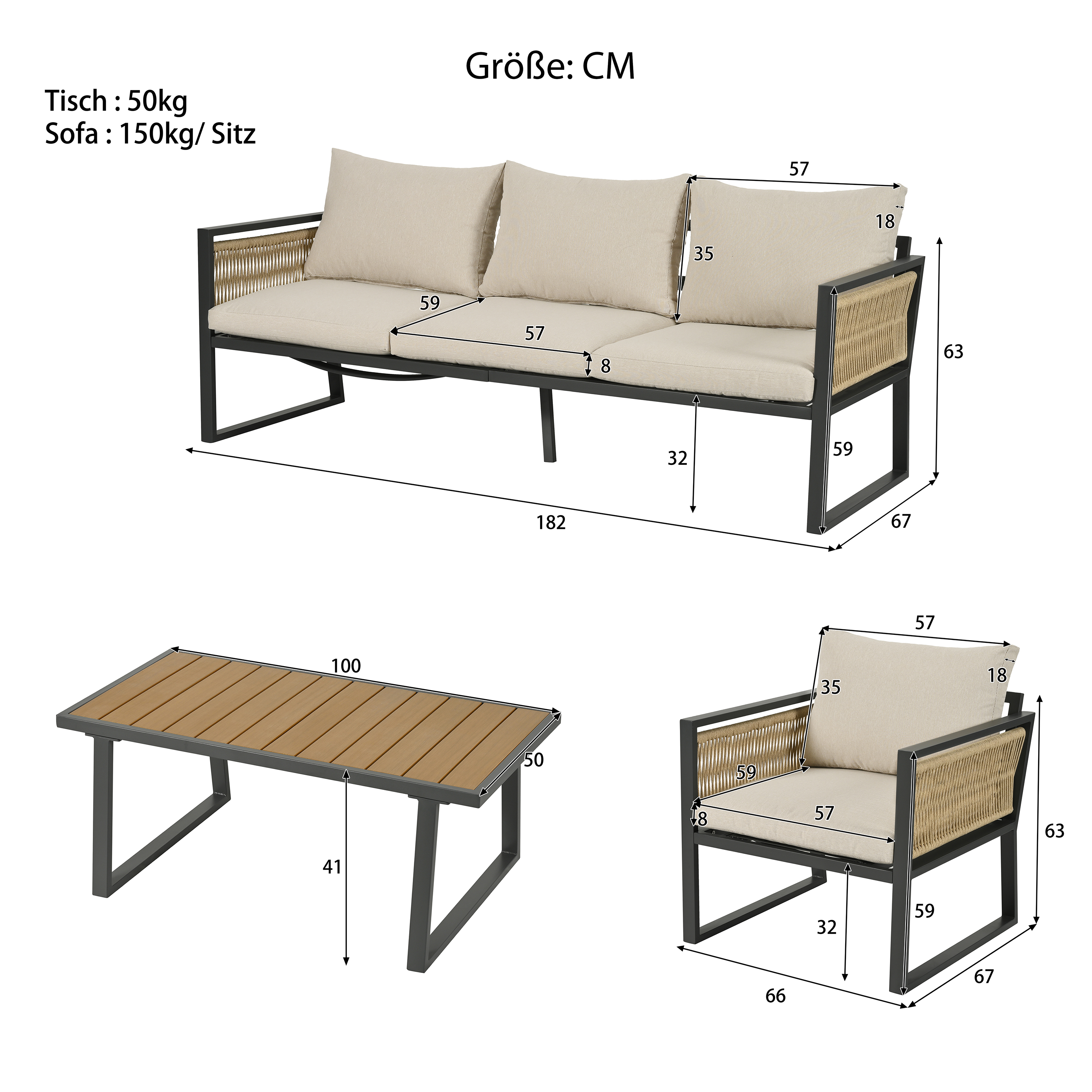 Das Bild zeigt Abmessungen eines Gartenmöbelsets, einschließlich Sofa, Tisch und Stuhl.