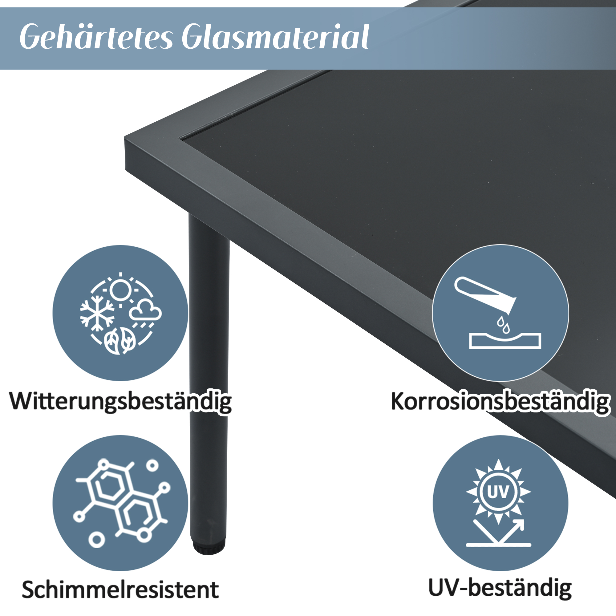 Nahaufnahme einer Tischkante mit Symbolen, die Wetterbeständigkeit, Korrosionsbeständigkeit, Schimmelresistenz und UV-Beständigkeit anzeigen.