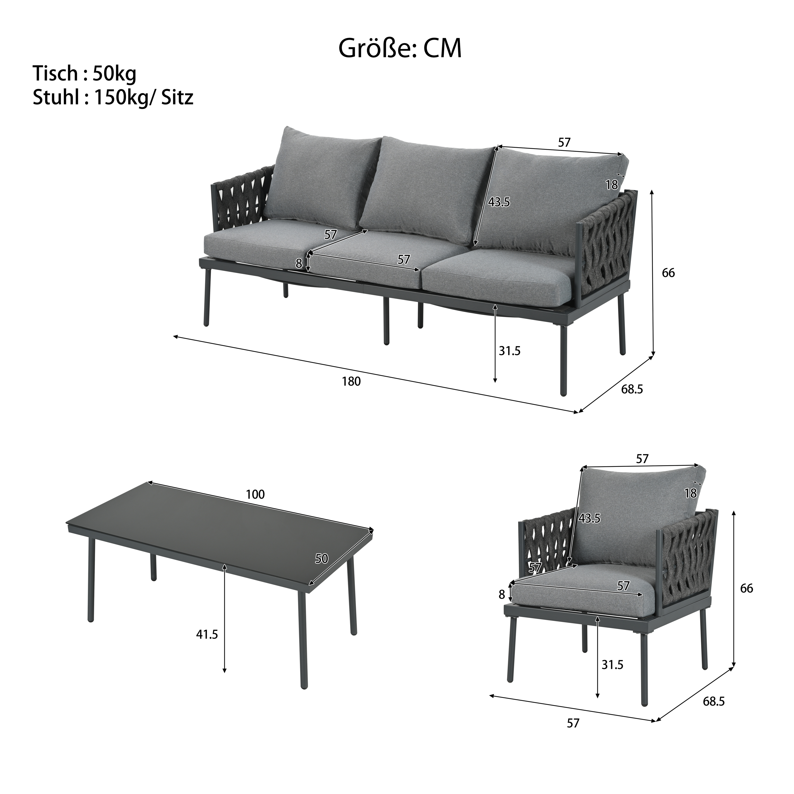 Das Bild zeigt Abmessungen eines Gartenmöbelsets, einschließlich Sofa, Tisch und Stuhl.