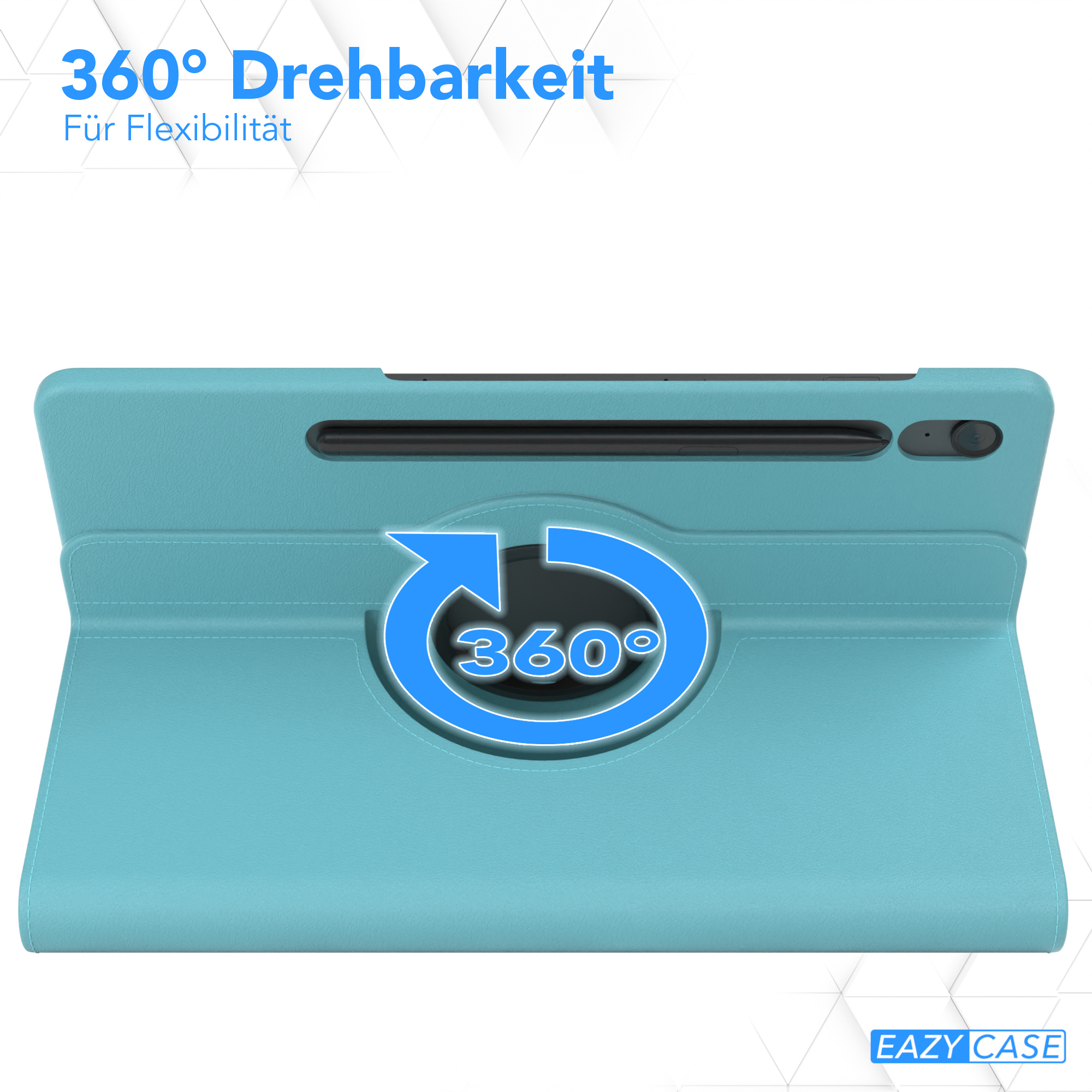 Blaues Tablet-Case mit 360°-Drehsymbol. Text: '360° Drehbarkeit'. EAZY CASE Logo.